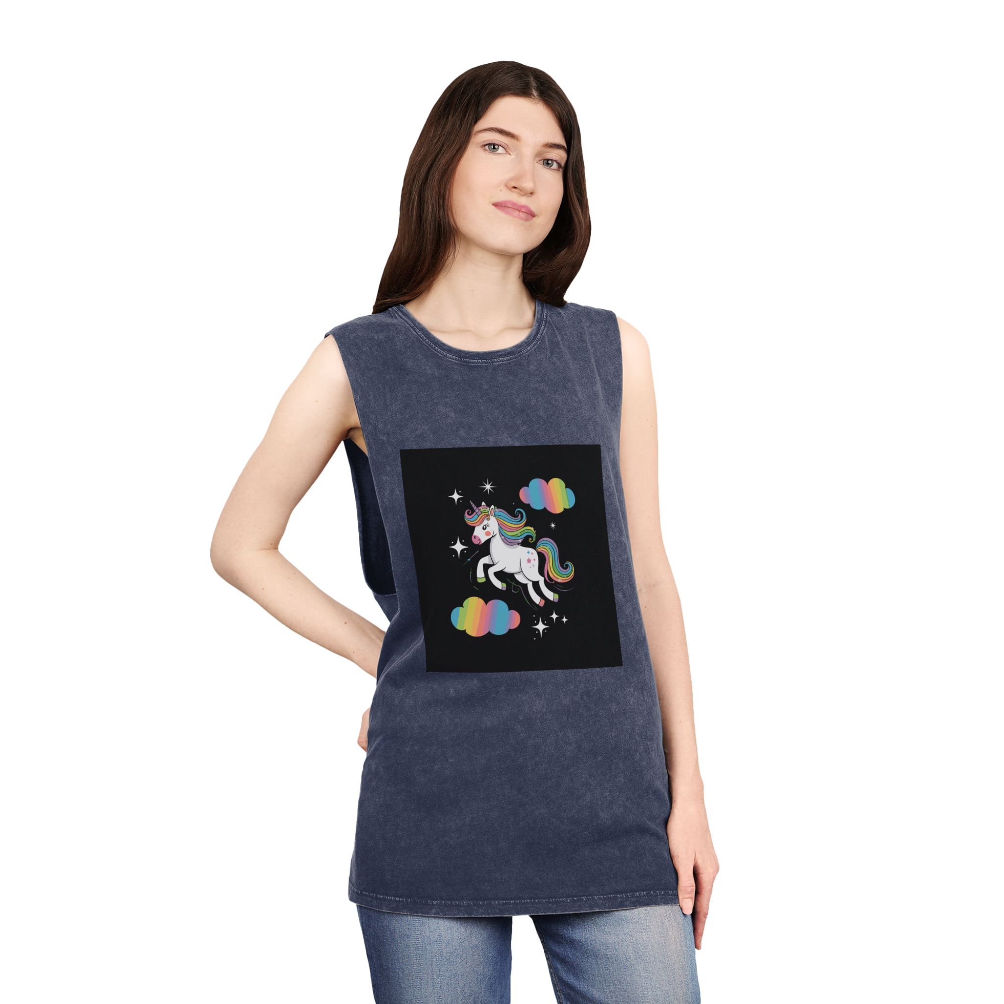 Rainbow With Rainbow It Words Unicorn Bottom Unisex Stonewash Tank Top - Image 16