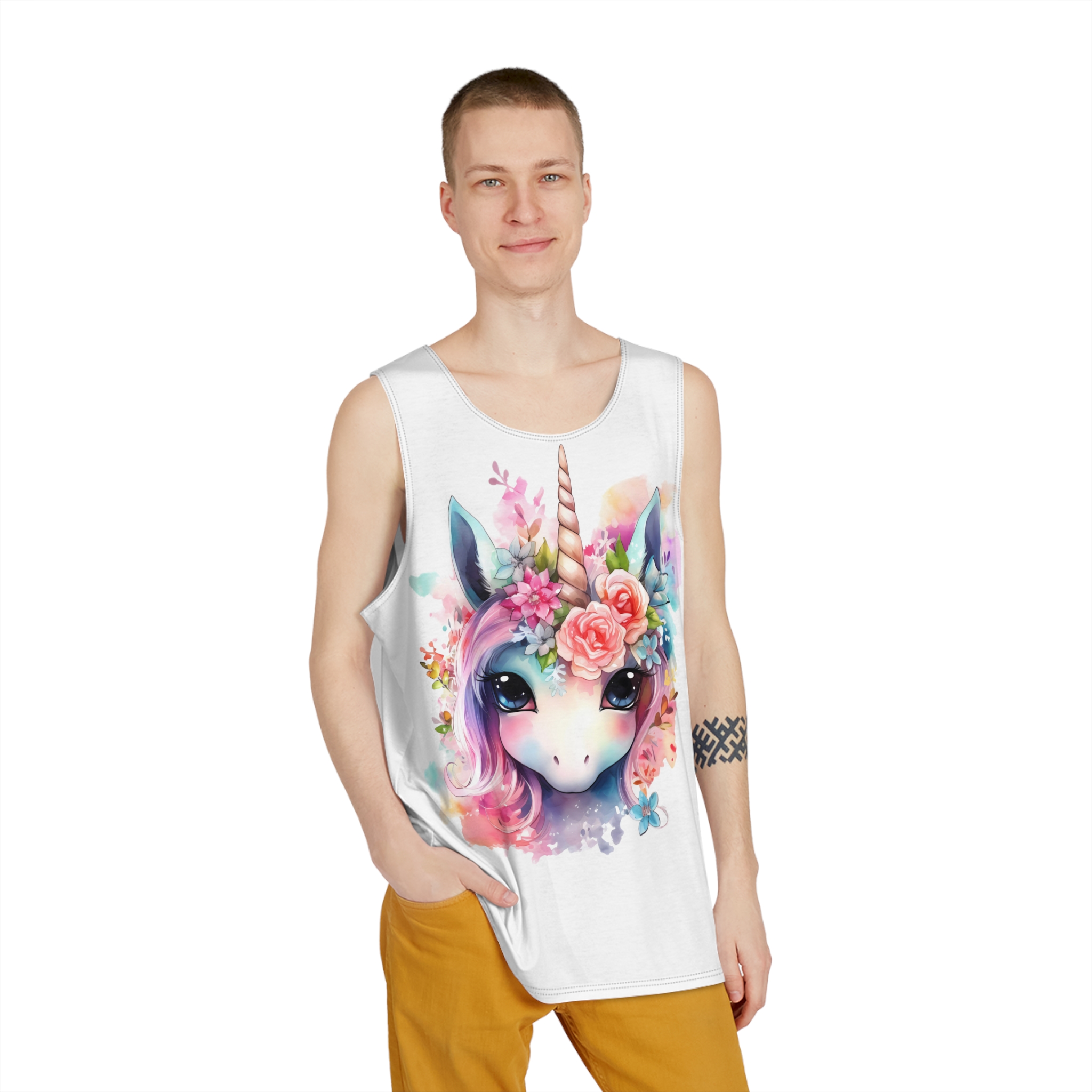Cute Colorful Magic Unicorn With Flowers Watercolor Style (4) Mens Tank Aop - Image 3