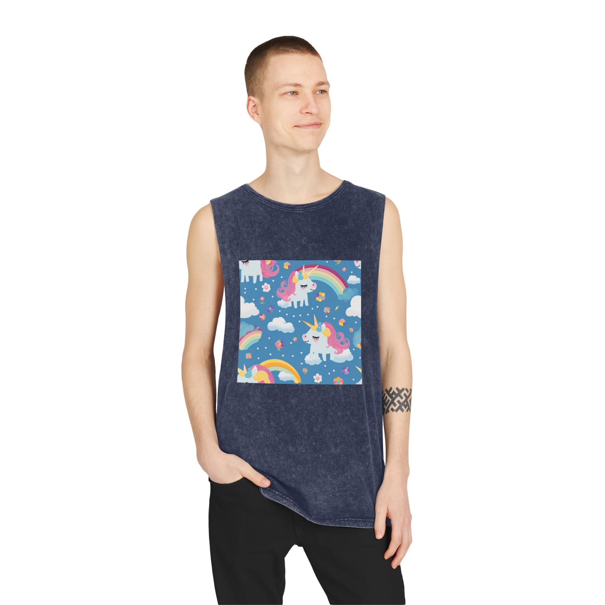 Playful Unicorns Flowers Clouds Rainbows Ice Creams Pastel Background (17) Unisex Stonewash Tank Top - Image 15
