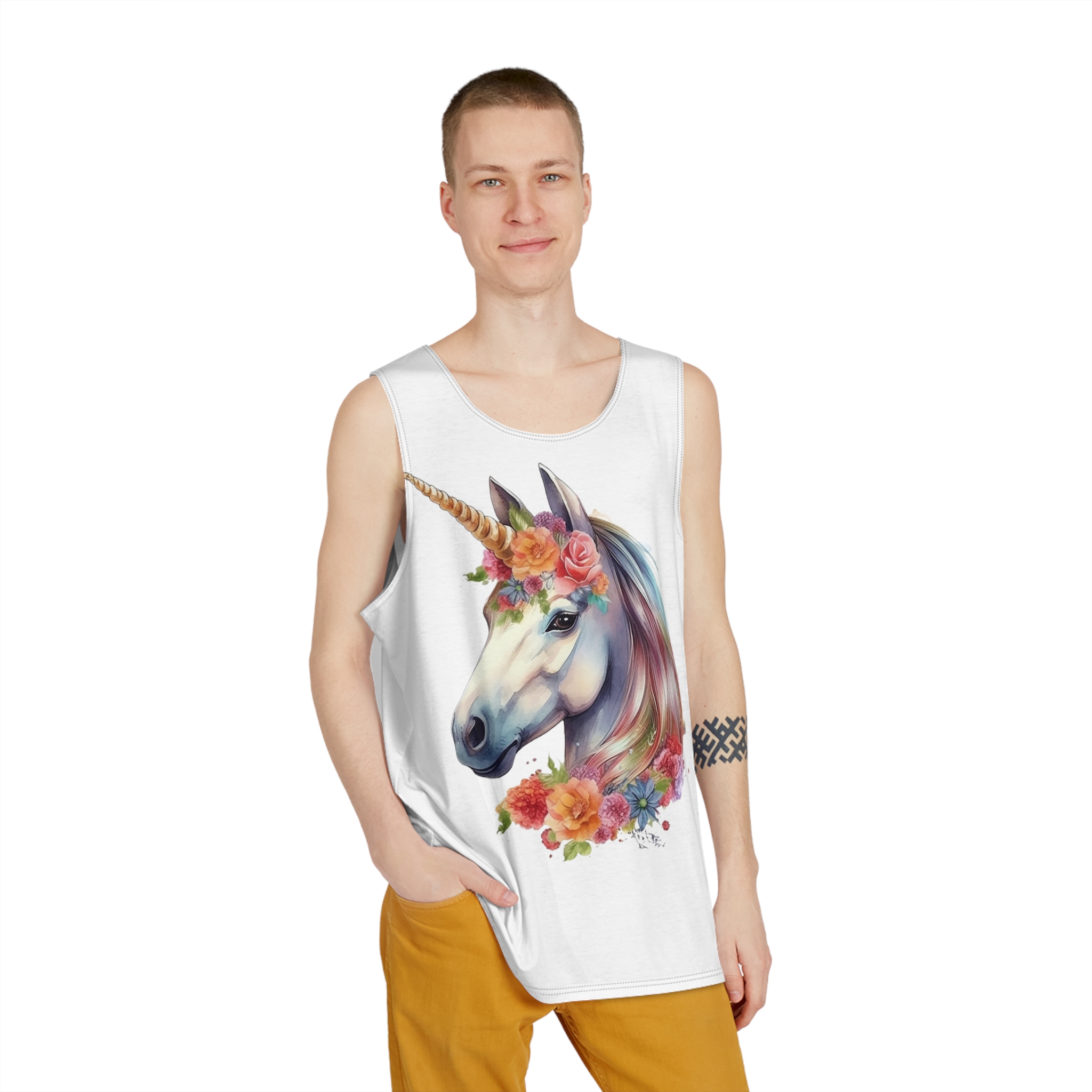 Watercolor Unicorn With Floral Crown Fotor Bg Remover 2023120317822 Mens Tank Aop - Image 3