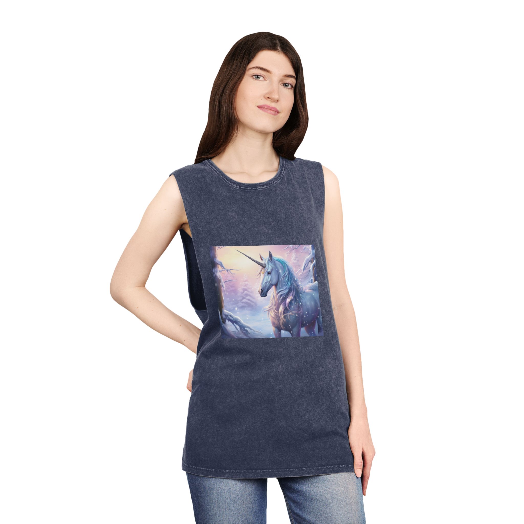 Unicorn Snow With Pink Sky Background Generative Ai Unisex Stonewash Tank Top - Image 16