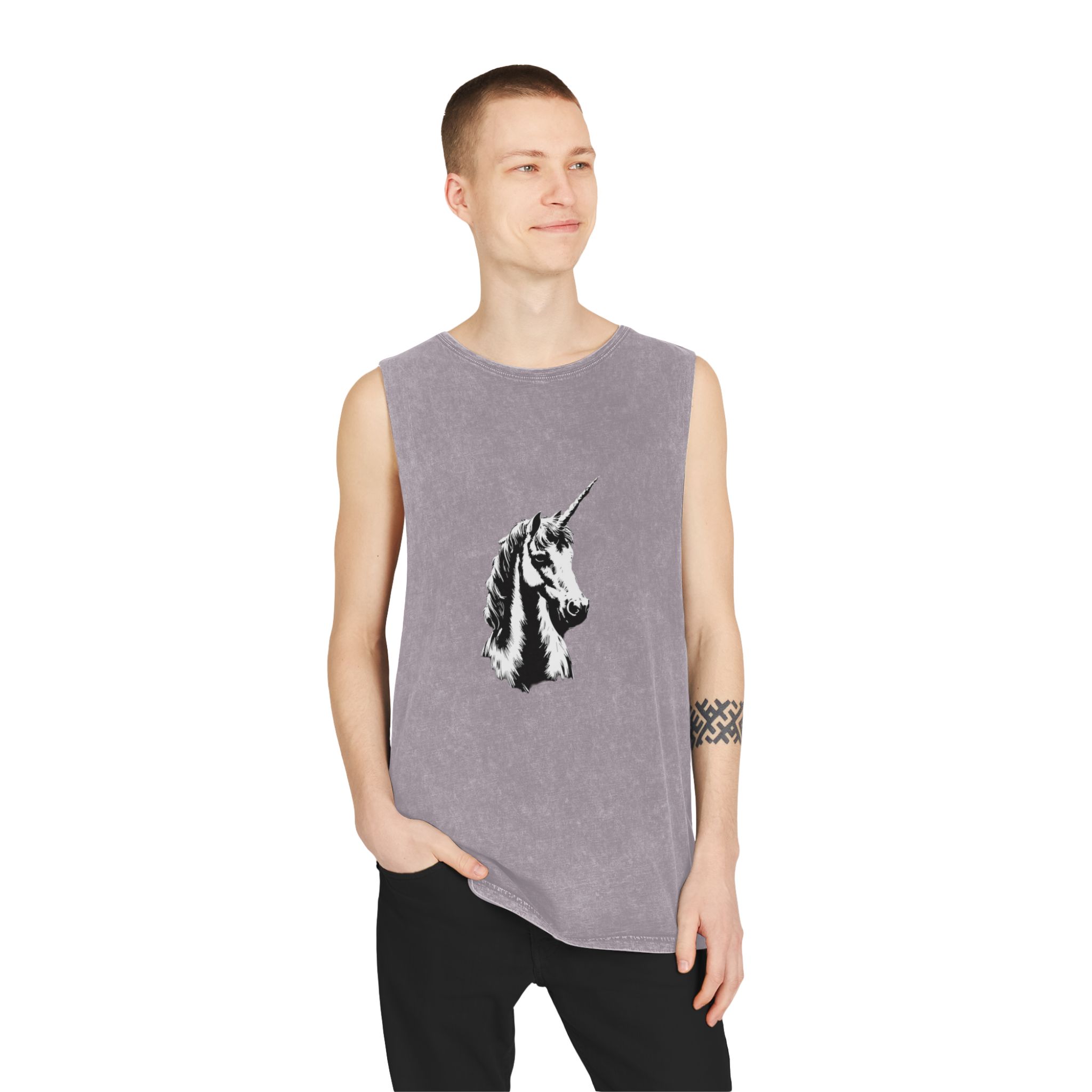 Unicorn Black and White Unisex Stonewash Tank Top - Image 19