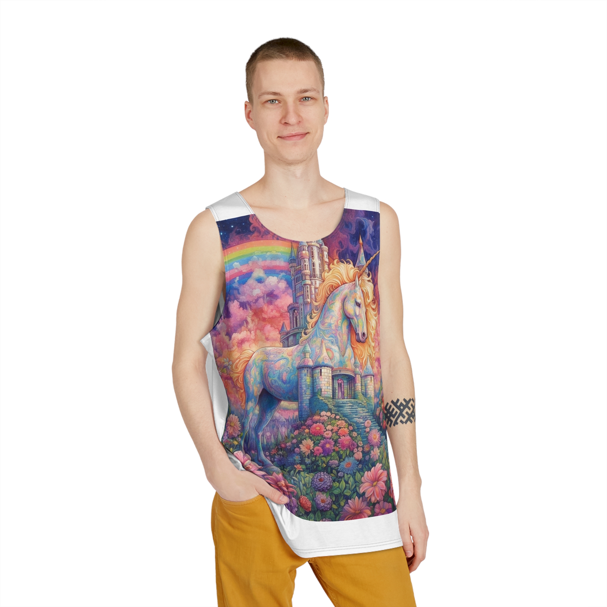 Painting Unicorn Field Flowers With Castle Background Generative Ai Mens Tank Aop - Image 3