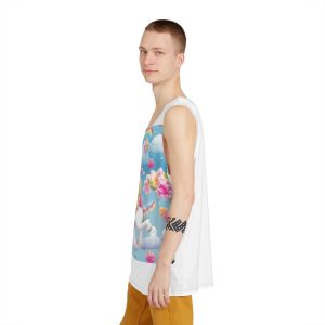 Playful Unicorns Among Flowers Clouds Rainbows Ice Creams Pastel Background (8) Mens Tank Aop