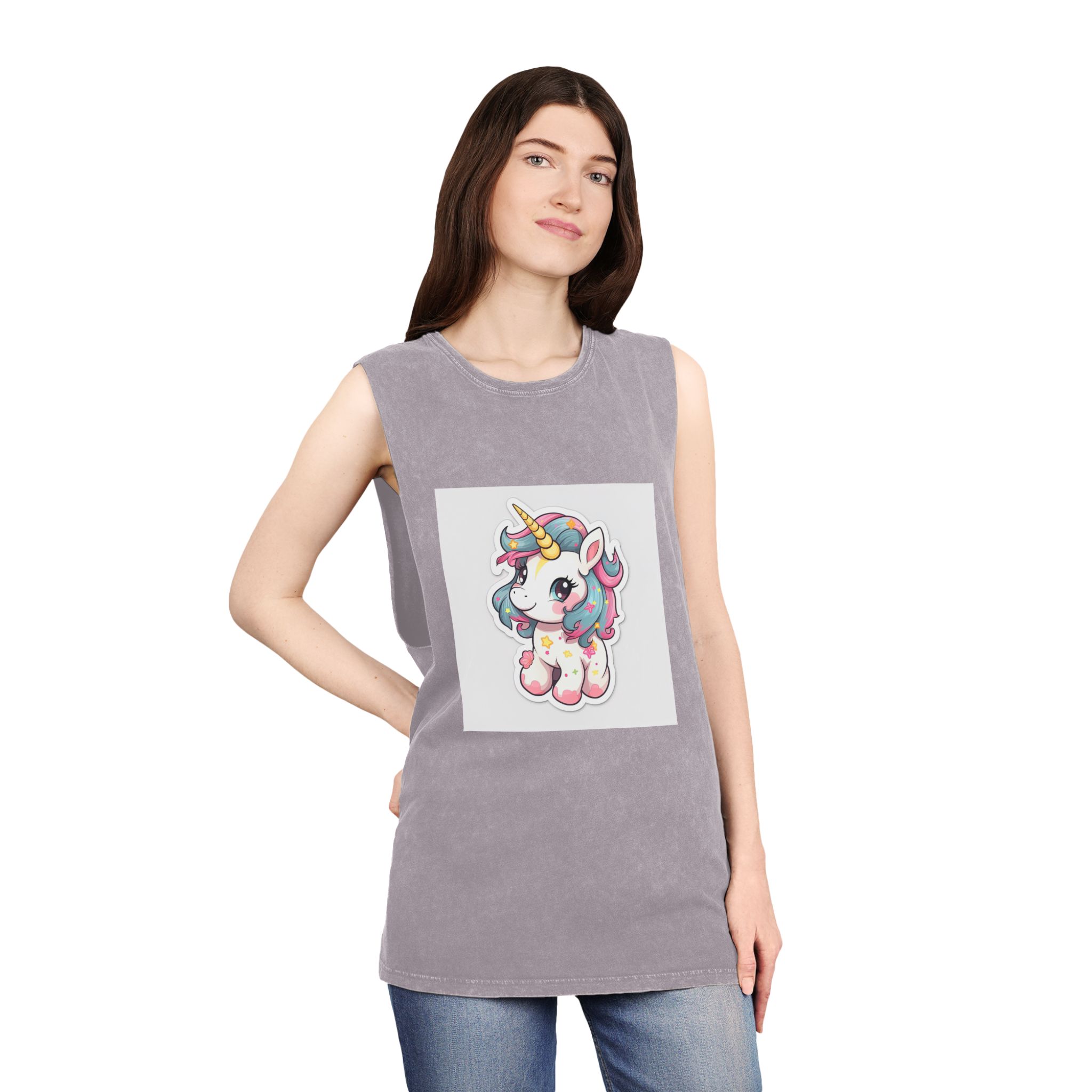Cartoon Unicorn With Pink Mane Tail With Stars It Unisex Stonewash Tank Top - Image 20