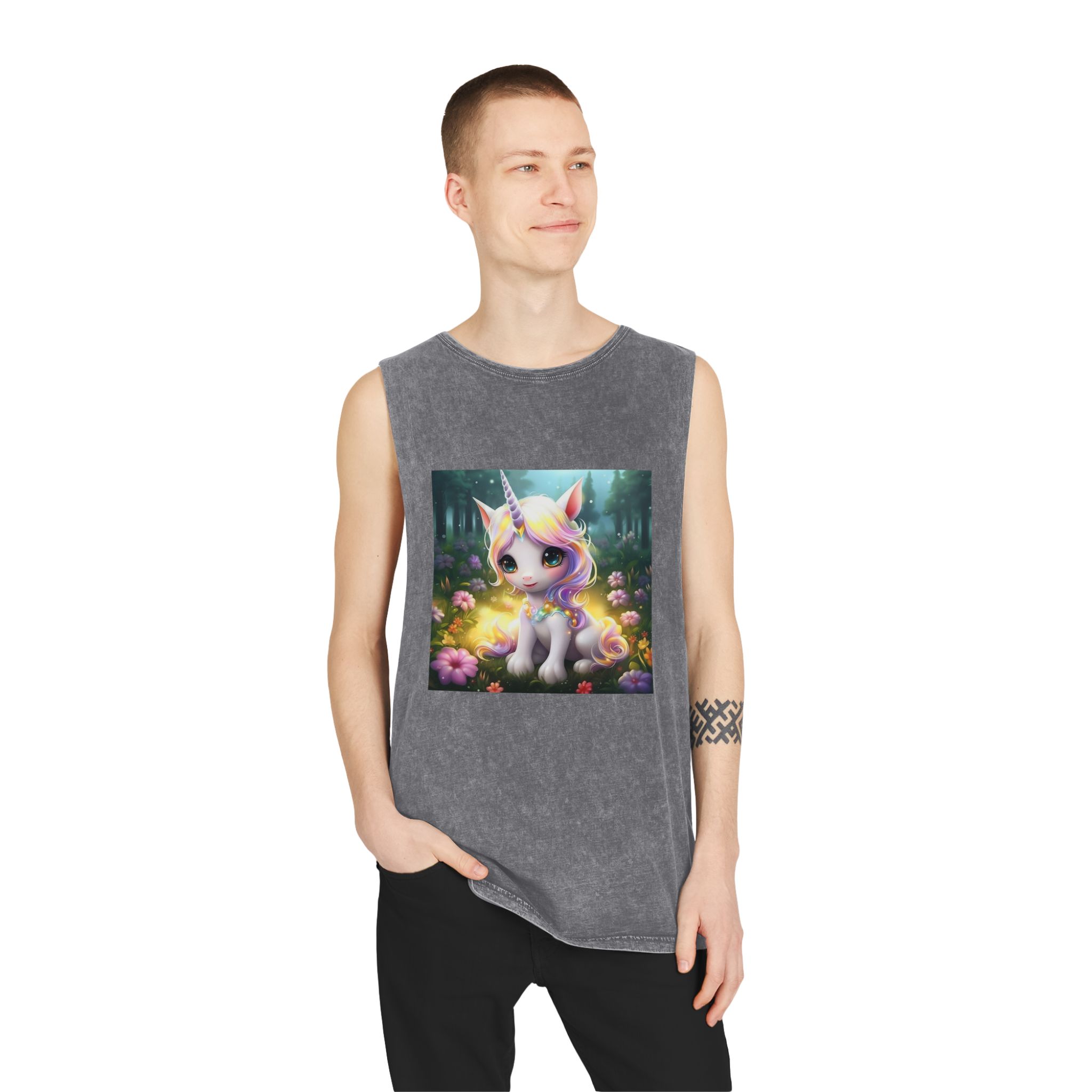 Unicorn Sitting Grass With Flowers Trees Background Generative Ai Unisex Stonewash Tank Top - Image 11