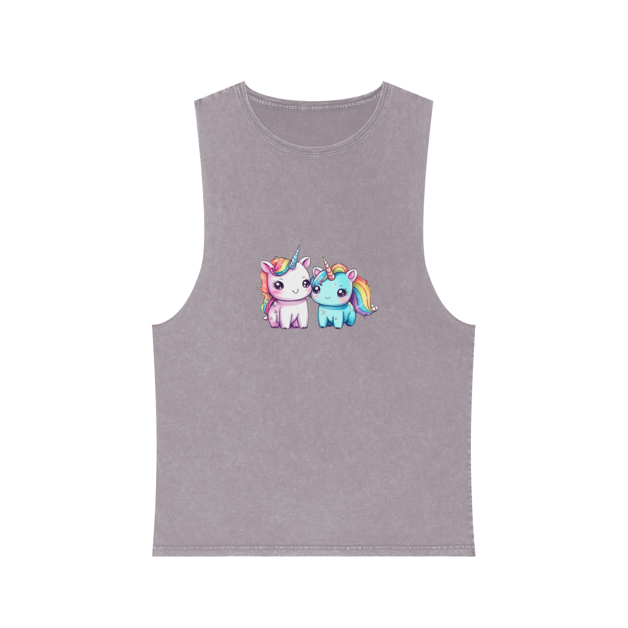 Pair Adorable Light Blue Pink Unicorns Isolated Rainbow Colors Background Unisex Stonewash Tank Top - Image 17