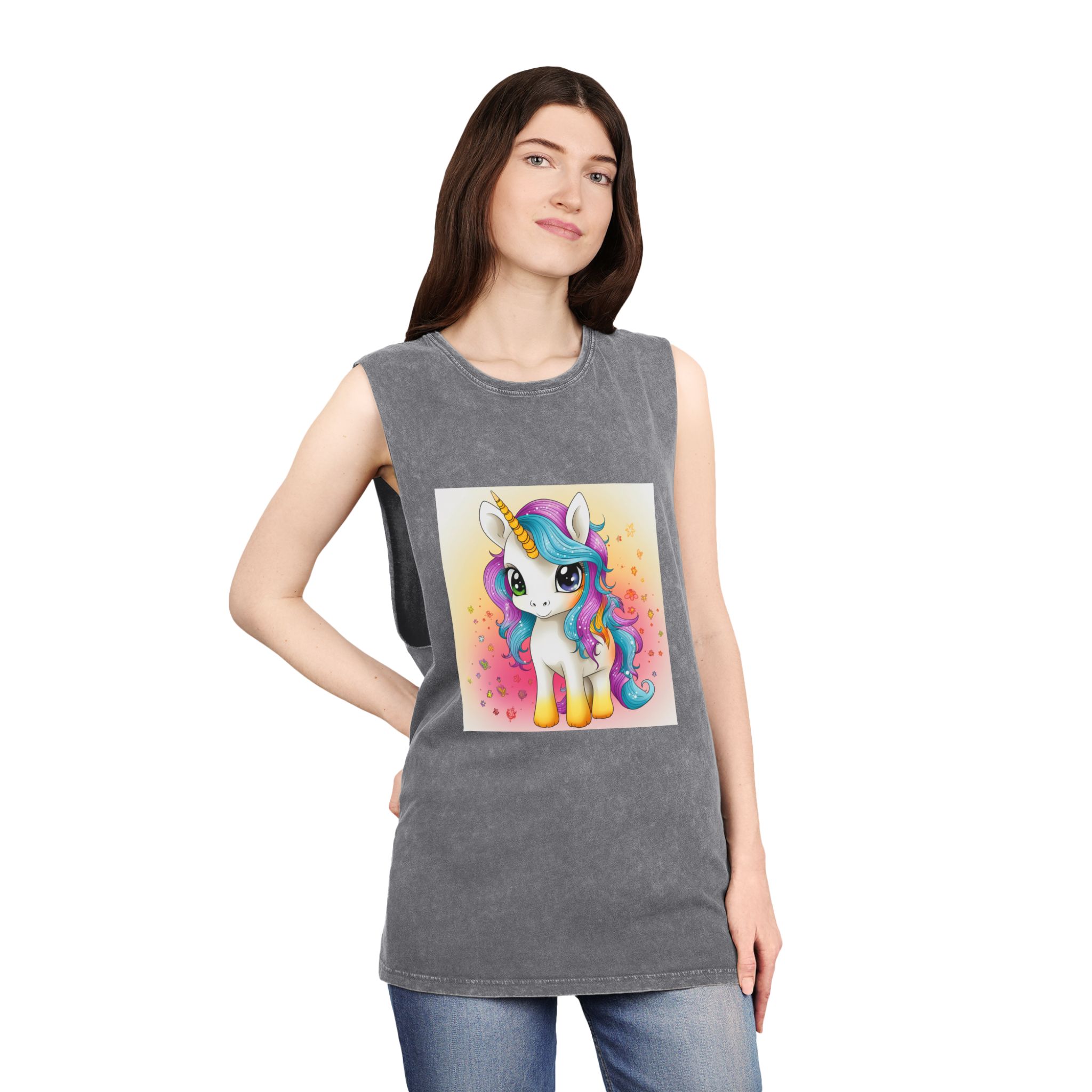 Close Up Cartoon Unicorn With Colorful Mane Generative Ai Unisex Stonewash Tank Top - Image 12