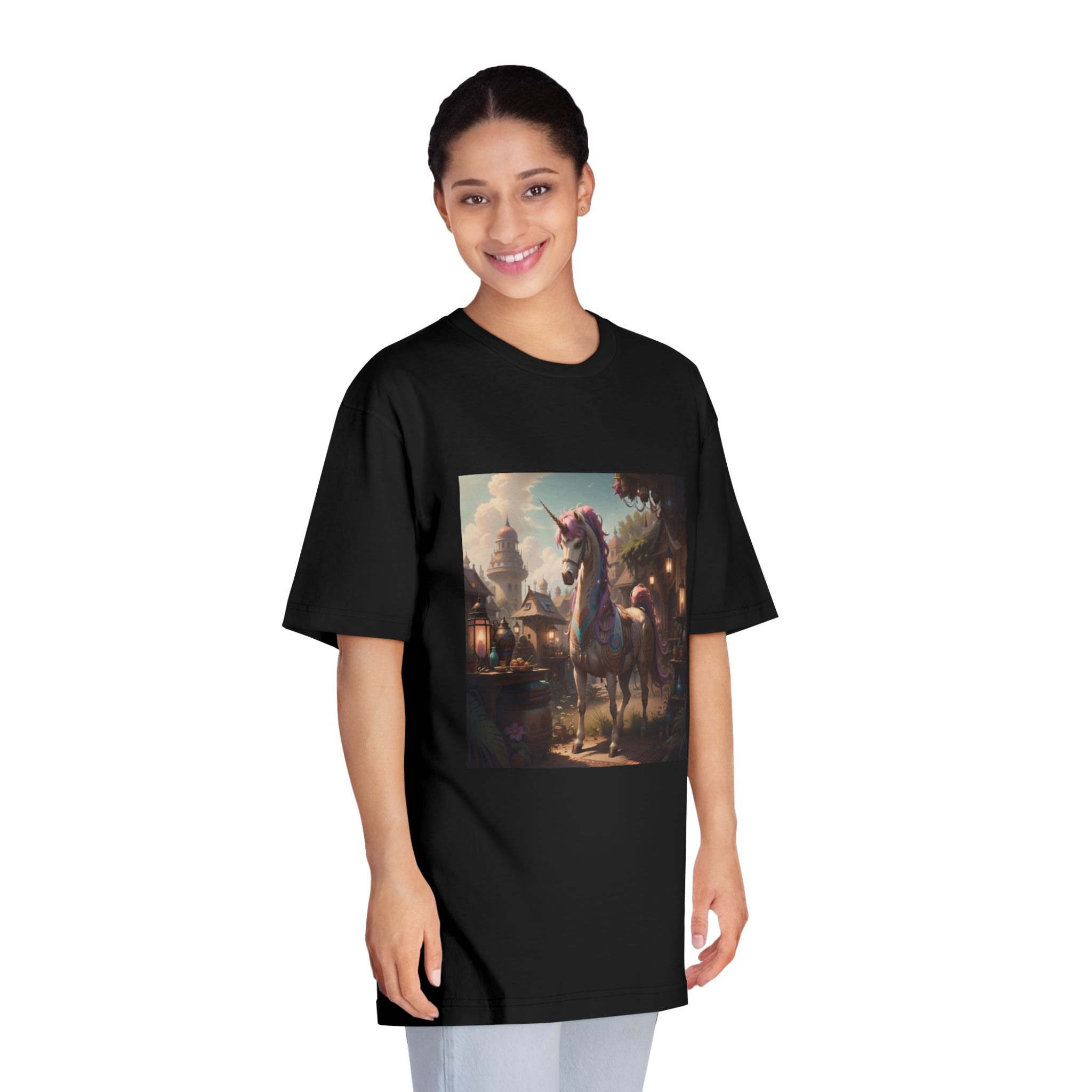 Unicorn With Purple Mane Stands Front Small Town With Lamp Post Unisex Classic Crewneck T Shirt - Image 7