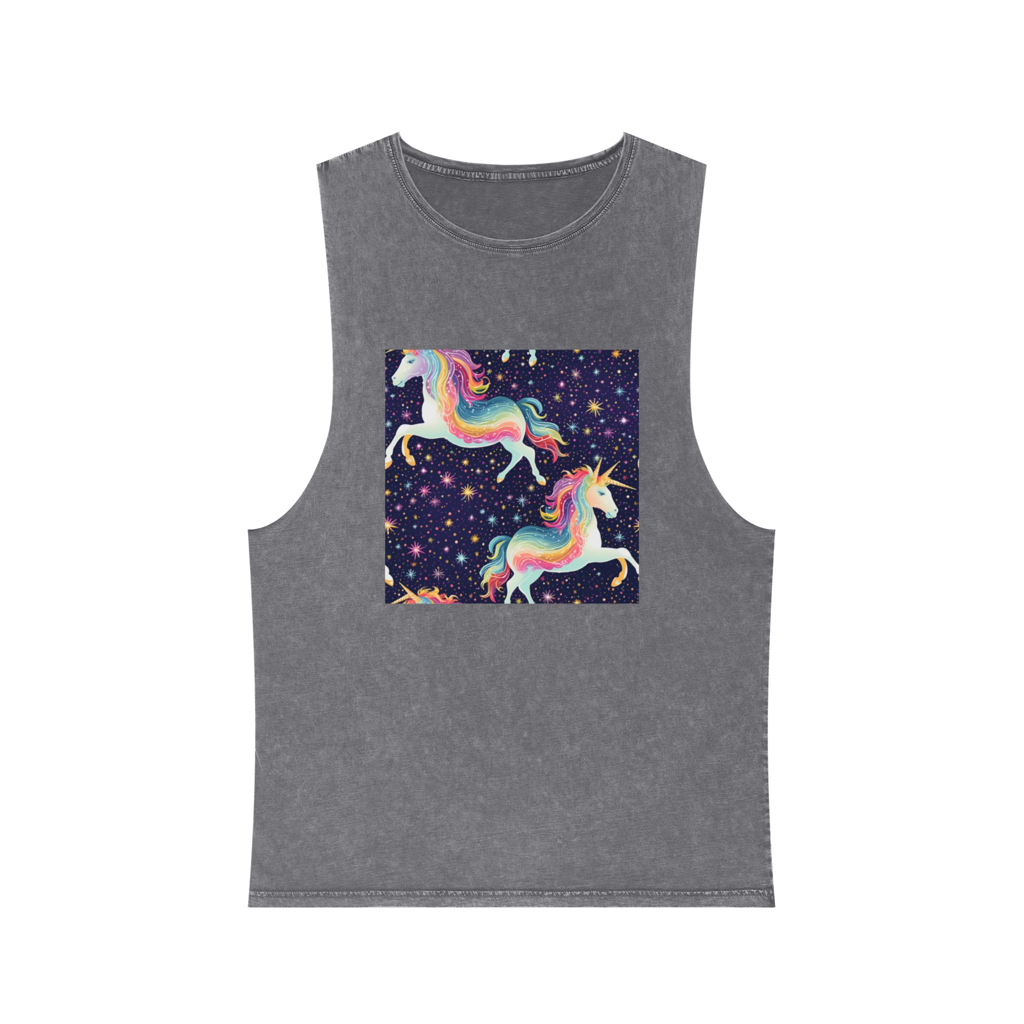 Seamless Pattern With Unicorns Stars Dark Background Generative Ai Unisex Stonewash Tank Top - Image 9