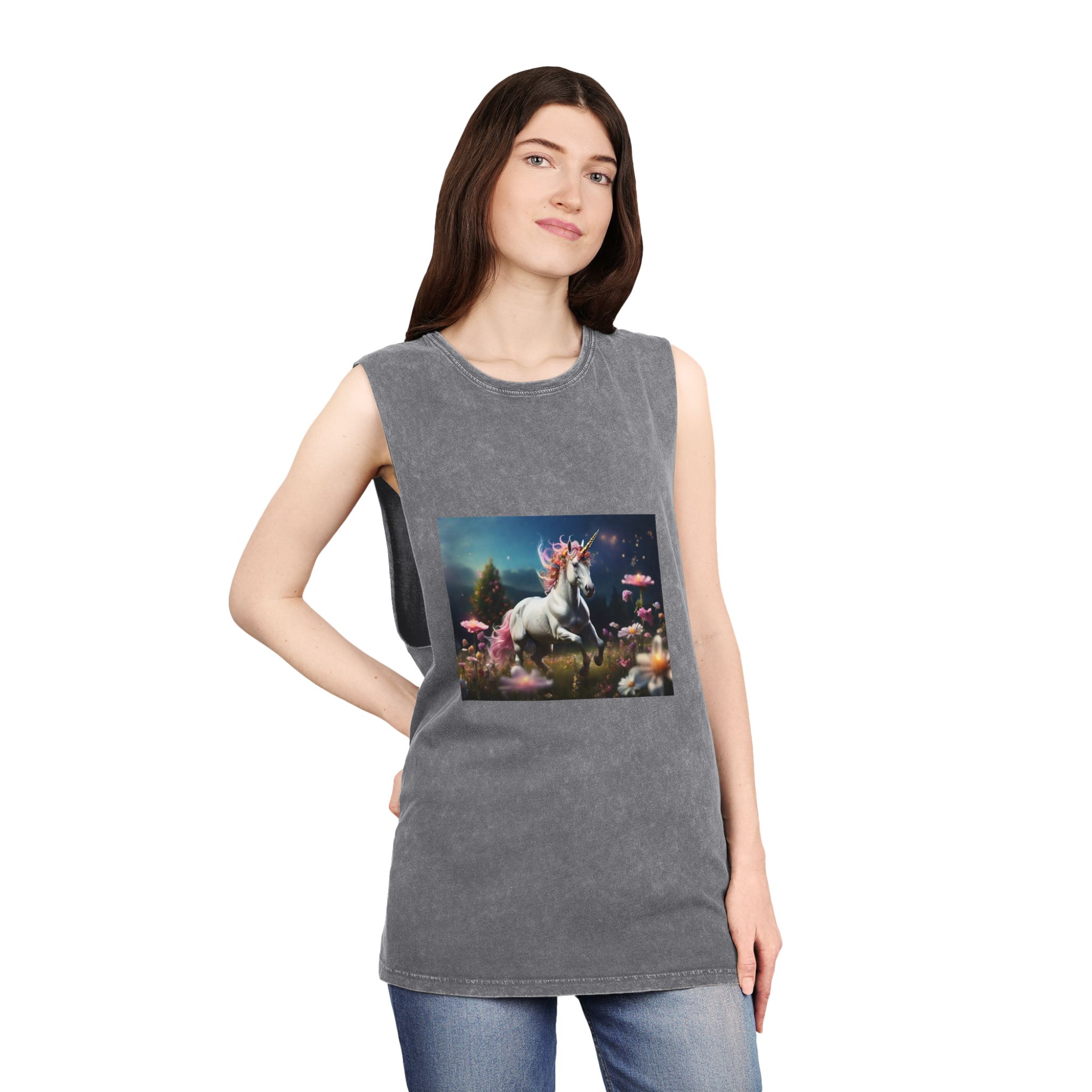 Beautiful Unicorn Running Magical Meadow Unicorn Background Images Whimsical Unicorn (23) Unisex Stonewash Tank Top - Image 12