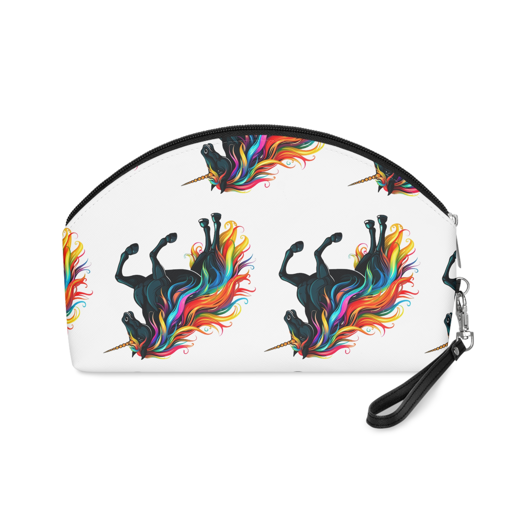 Close Up Black Unicorn With Rainbow Mane Generative Ai Makeup Bag - Image 2
