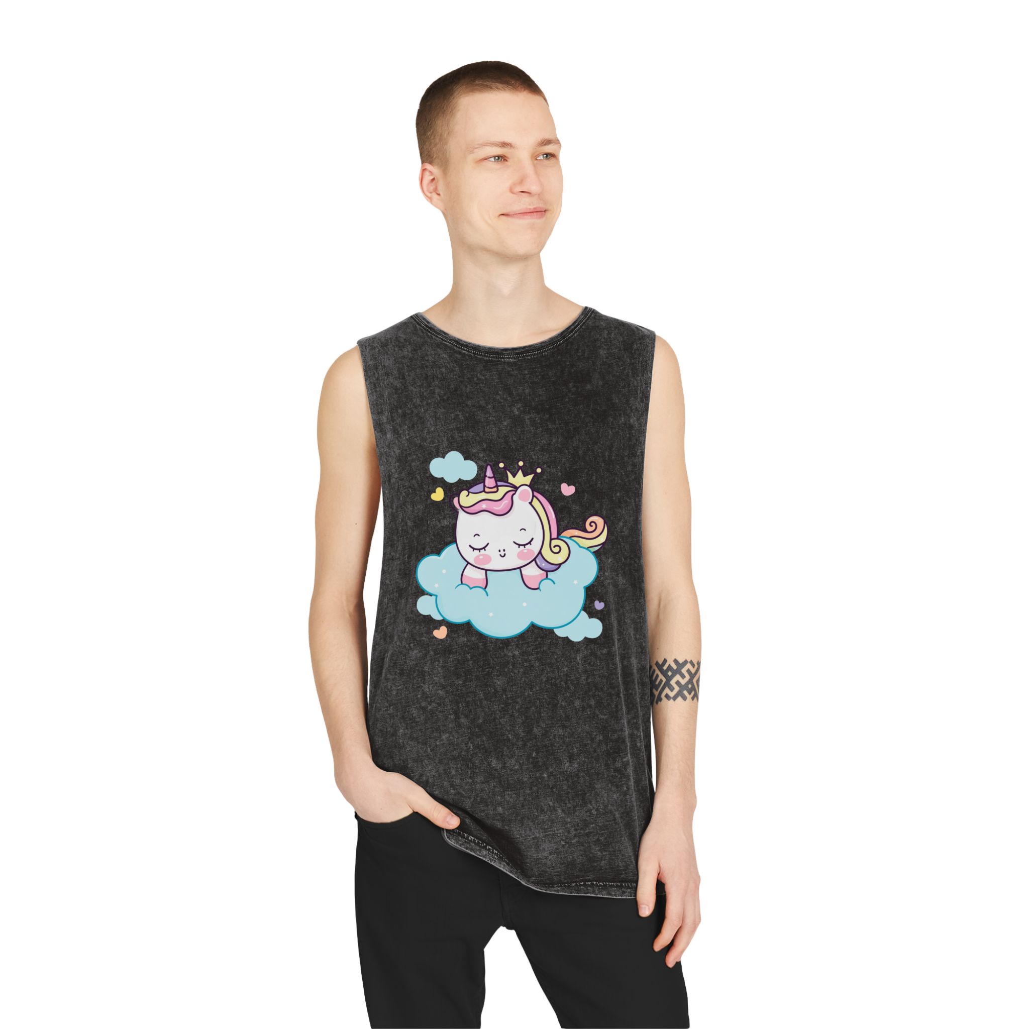 Cute Unicorn Princess Cartoon Sleep Cloud Kawaii Clipart Unisex Stonewash Tank Top - Image 3