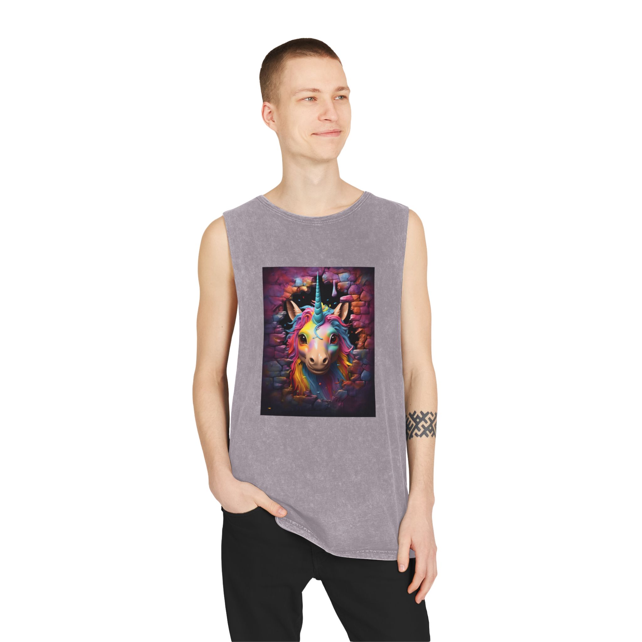 Cute Unicorn Cartoon Looking Through Wall Poster Illustration Kids Unisex Stonewash Tank Top - Image 19