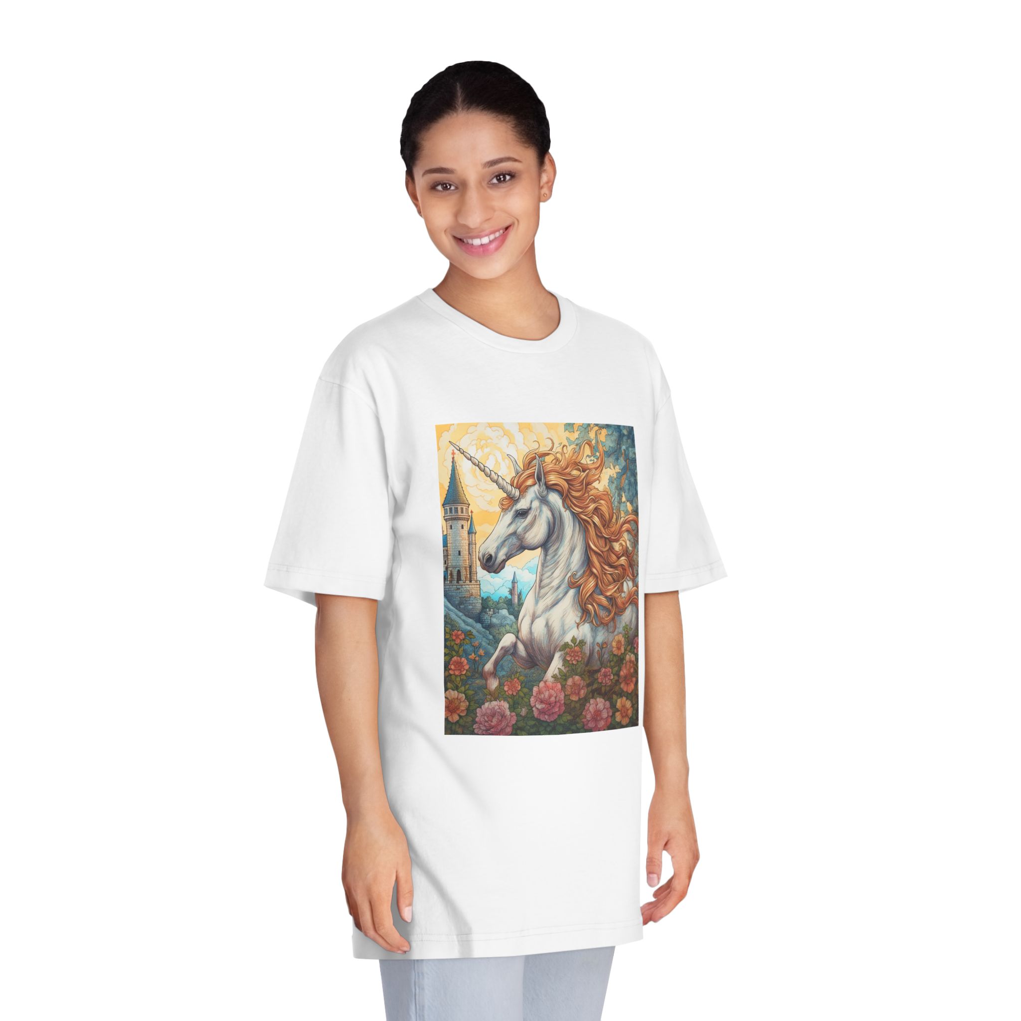 Painting Unicorn With Long Mane Castle Background Generative Ai Unisex Classic Crewneck T Shirt - Image 3