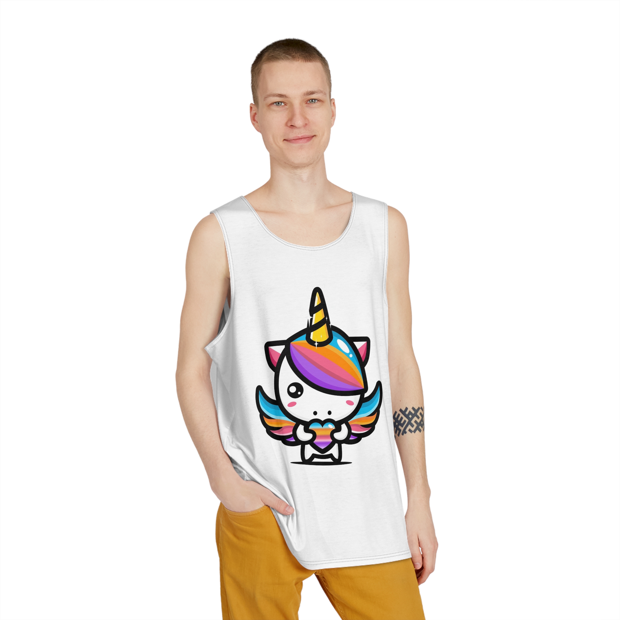 Cute Unicorn Hugging Colorful Heart Mens Tank Aop - Image 3