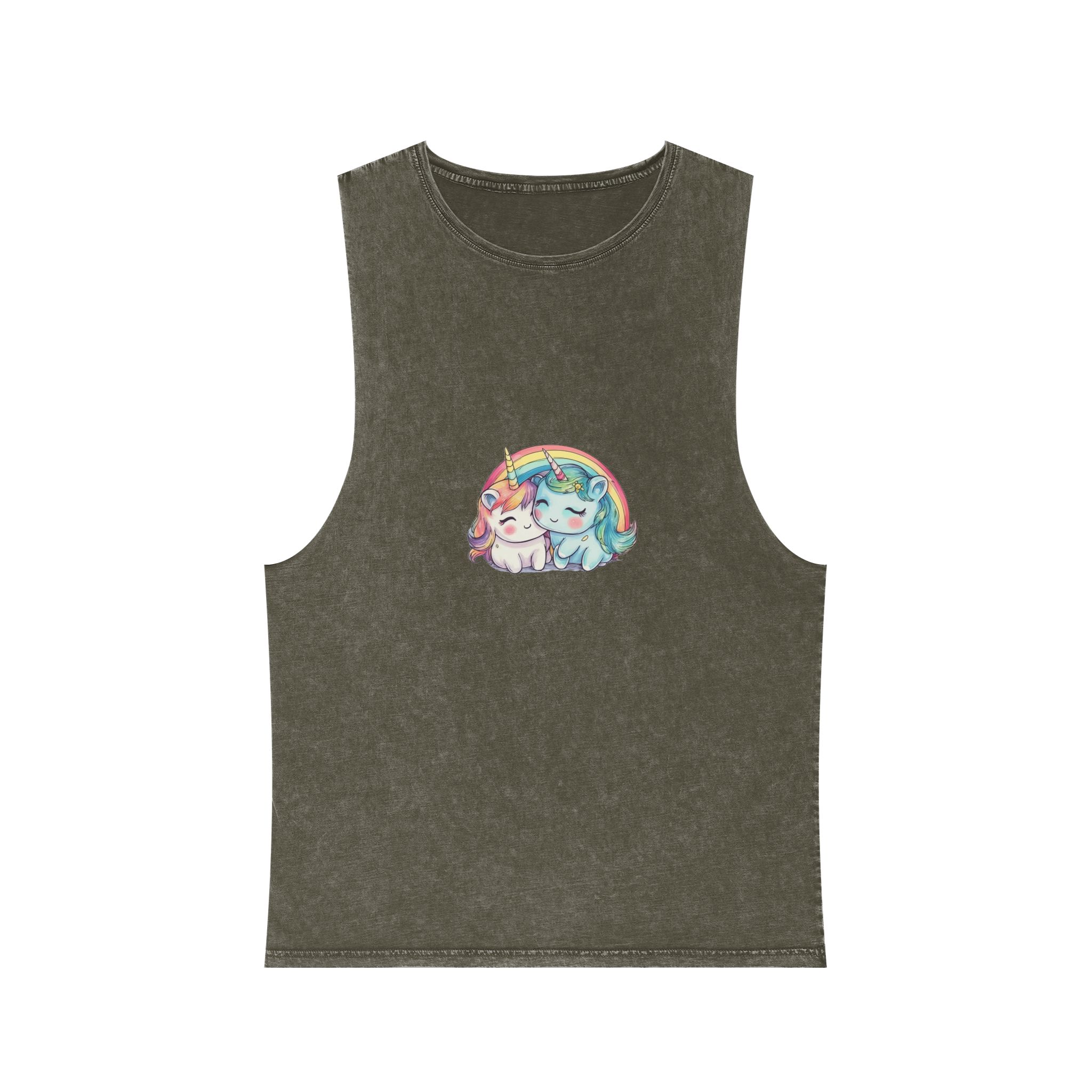 Pair Adorable Light Blue Pink Unicorns Isolated Rainbow Colors Background (1) Unisex Stonewash Tank Top - Image 5