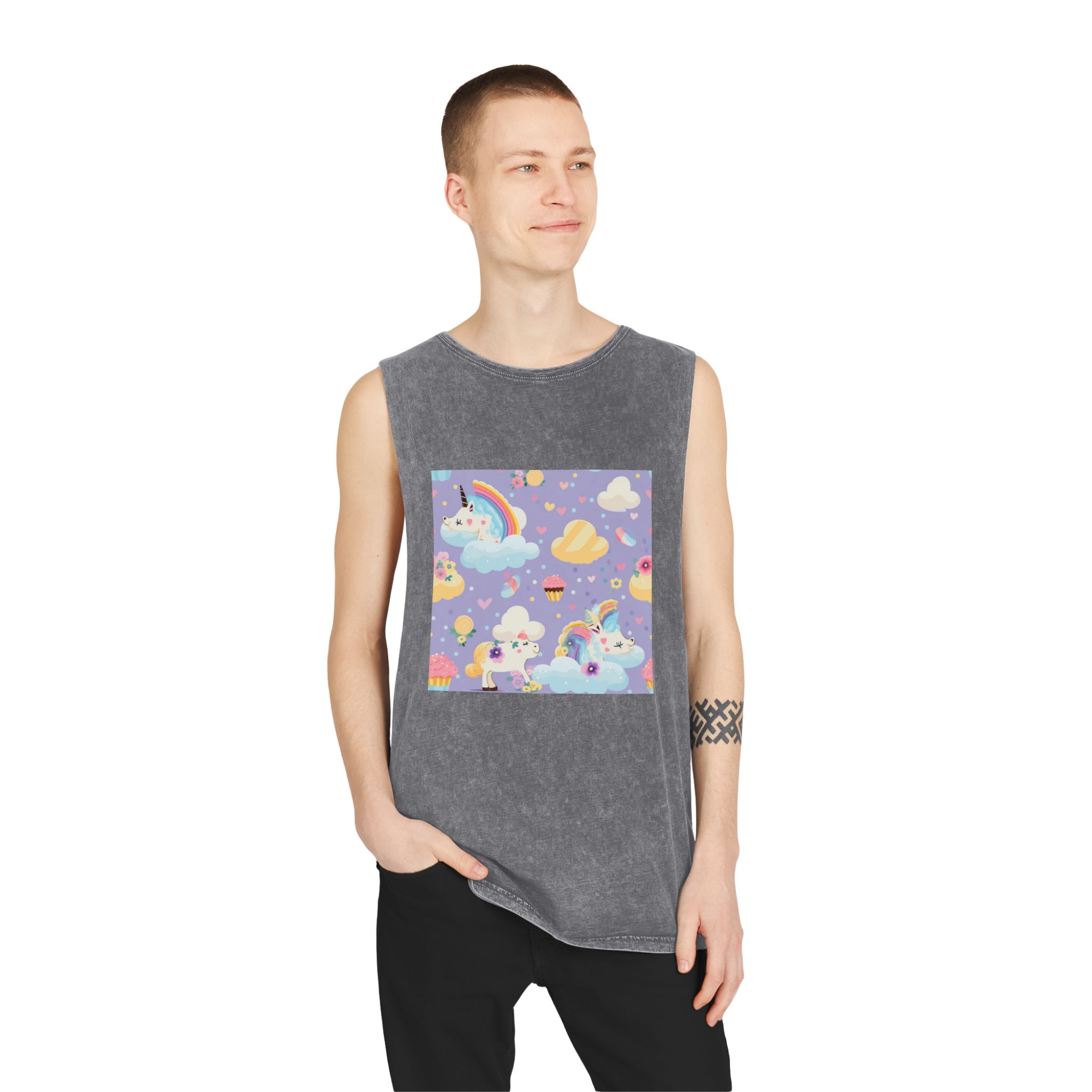 Playful Unicorns Among Flowers Clouds Rainbows Ice Creams Pastel Background (4) Unisex Stonewash Tank Top - Image 11