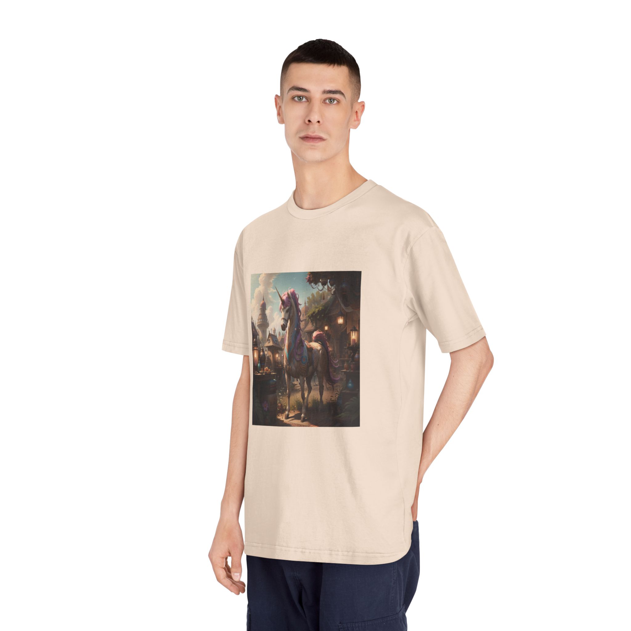 Unicorn With Purple Mane Stands Front Small Town With Lamp Post Unisex Classic Crewneck T Shirt - Image 12