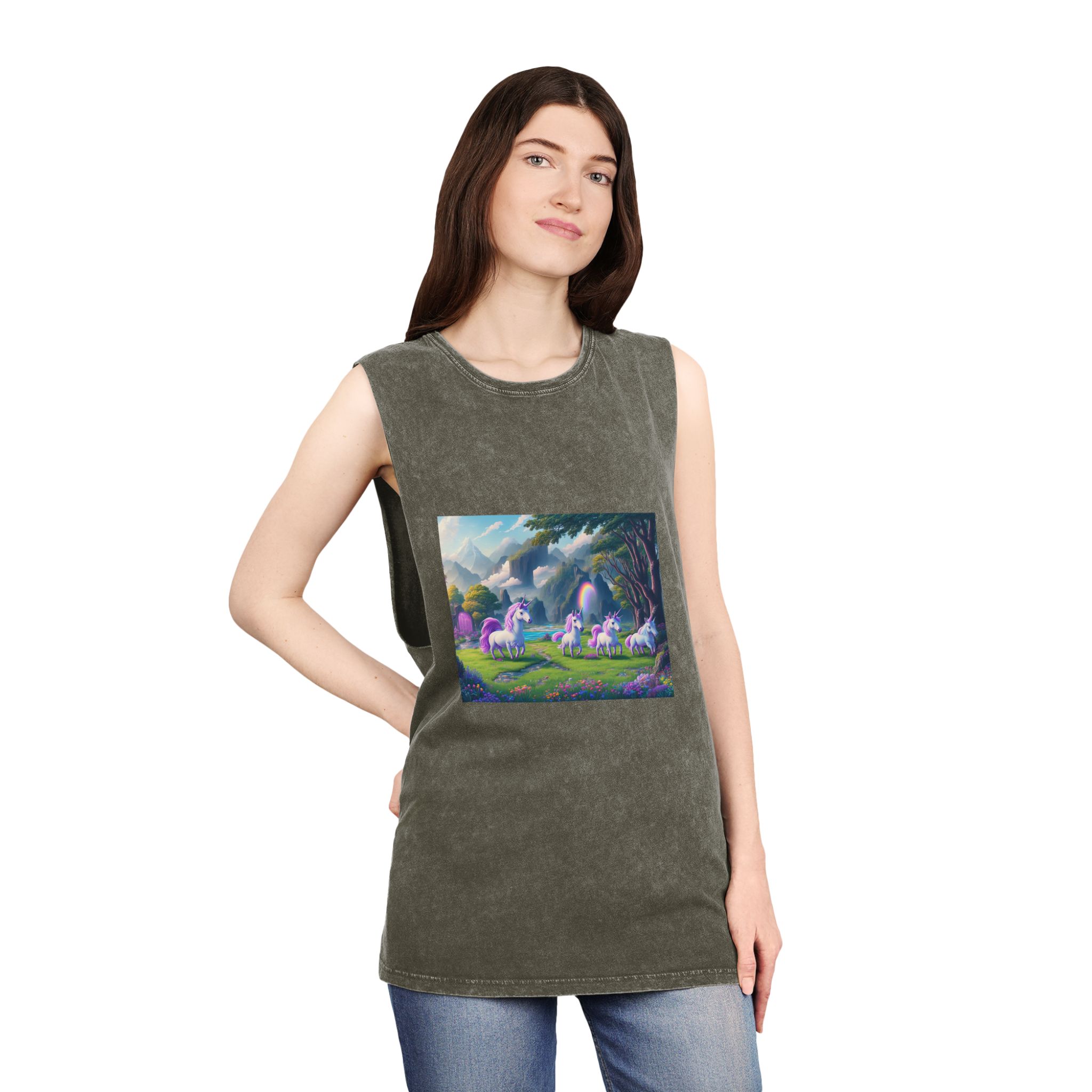 Painting Group Unicorns Landscape With Mountains Background Unisex Stonewash Tank Top - Image 8
