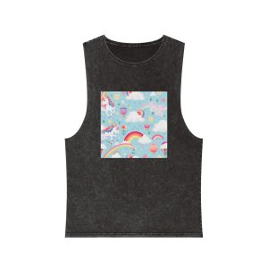 Playful Unicorns Flowers Clouds Rainbows Ice Creams Pastel Background (18) Unisex Stonewash Tank Top