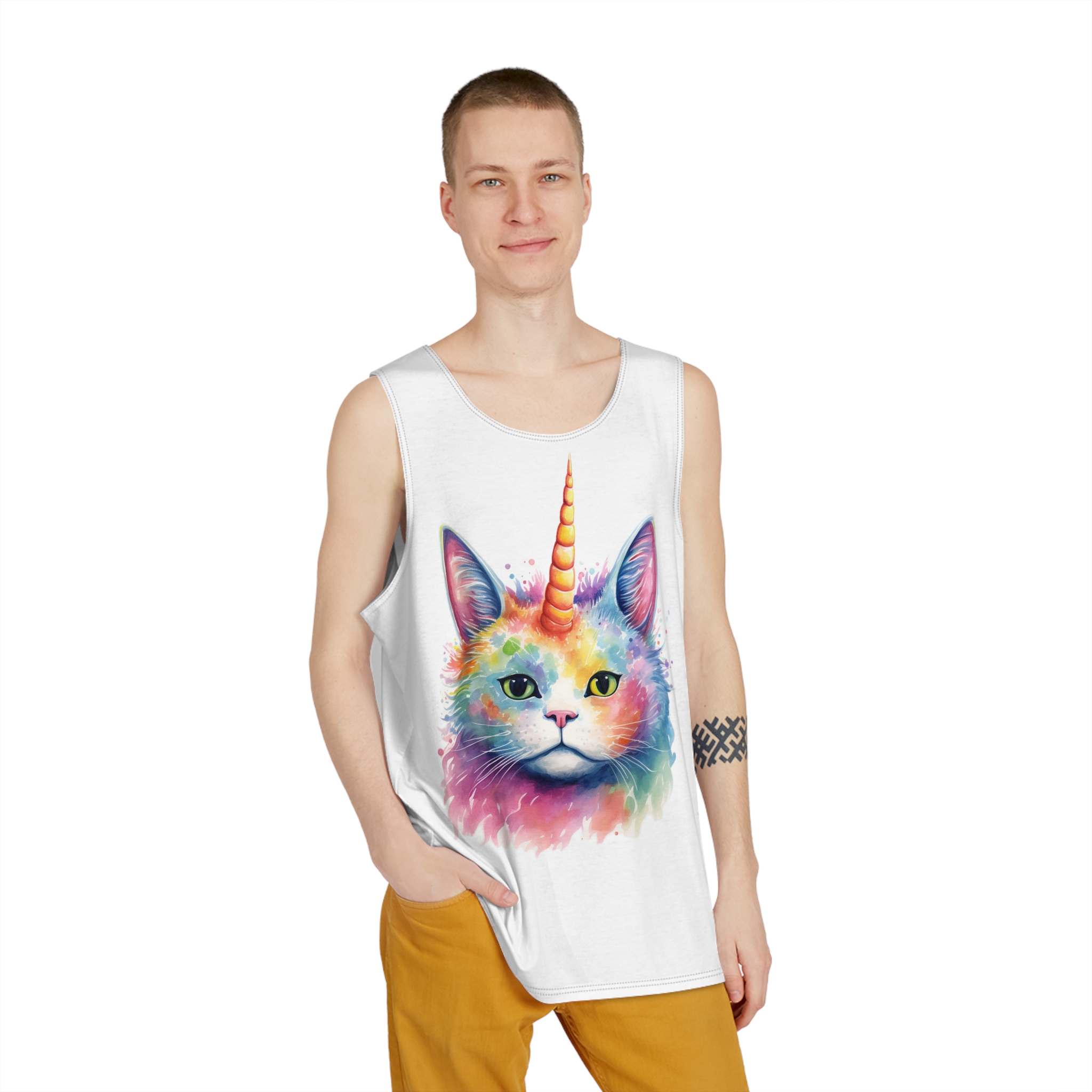 There Is Cat With Unicorn Horn Its Head Generative Ai Mens Tank Aop - Image 3