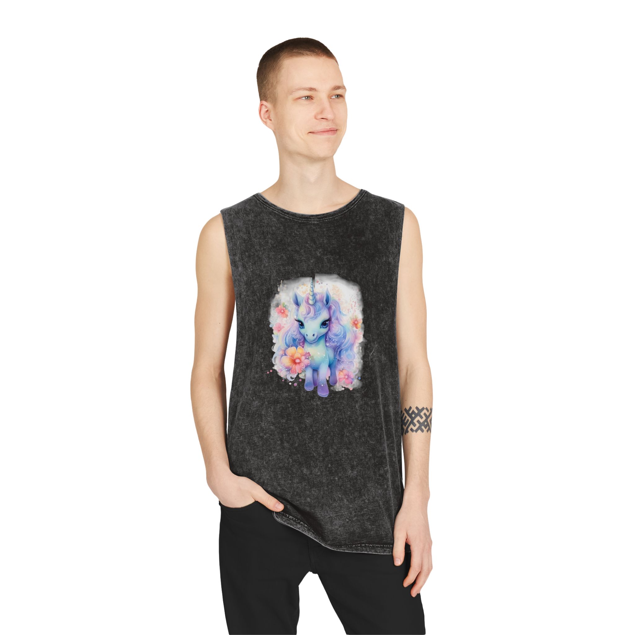 Cute Colorful Magic Unicorn With Flowers Watercolor Style Copia Unisex Stonewash Tank Top - Image 3