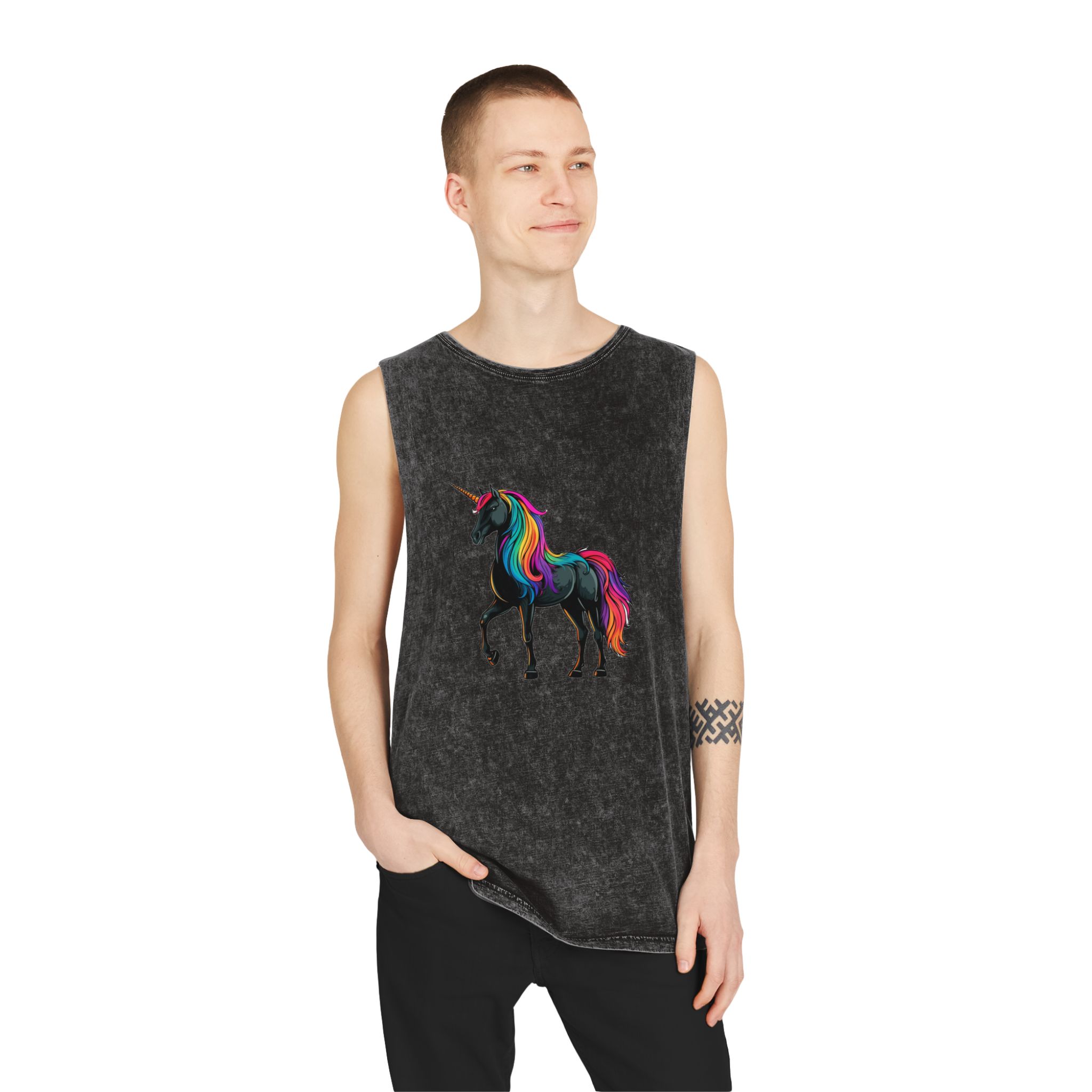 Cartoon Unicorn With Rainbow Mane Horn Generative Ai Unisex Stonewash Tank Top - Image 3