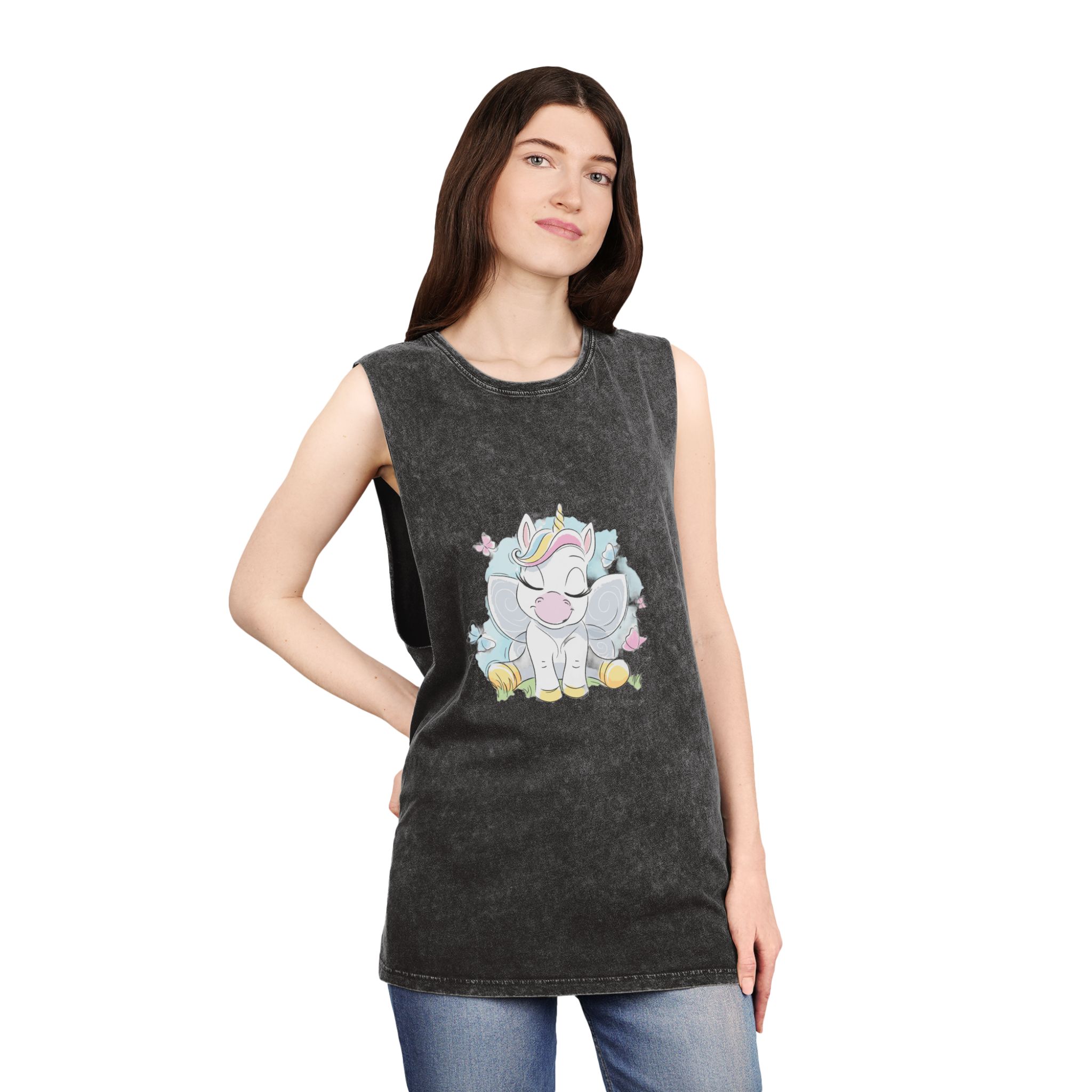 Cute Unicorn Fashion Illustration Drawing In Modern Style For Clothes Little Dreamer Text Unisex Stonewash Tank Top - Image 4