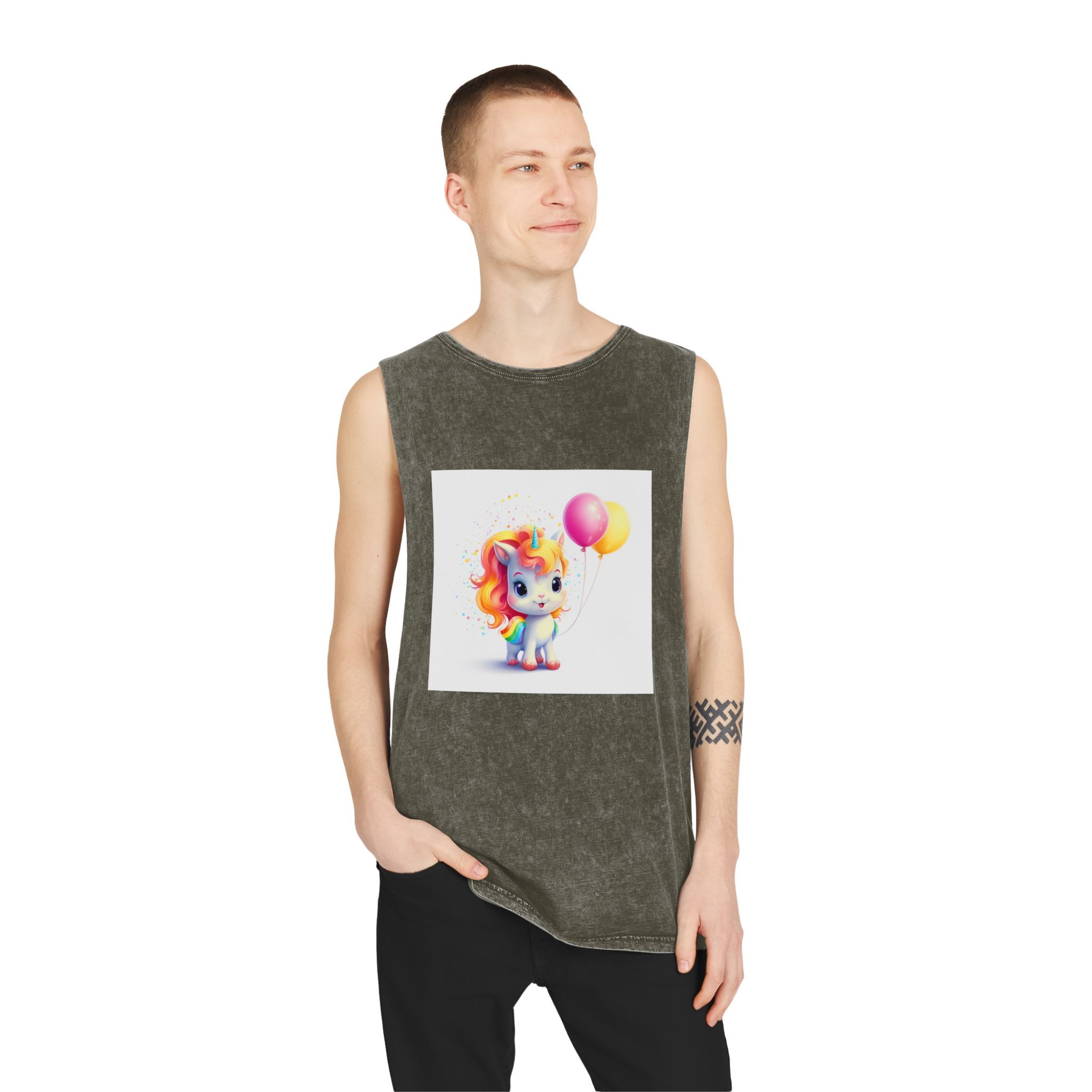 Cartoon Unicorn With Rainbow Mane Balloon Generative Ai (1) Unisex Stonewash Tank Top - Image 7
