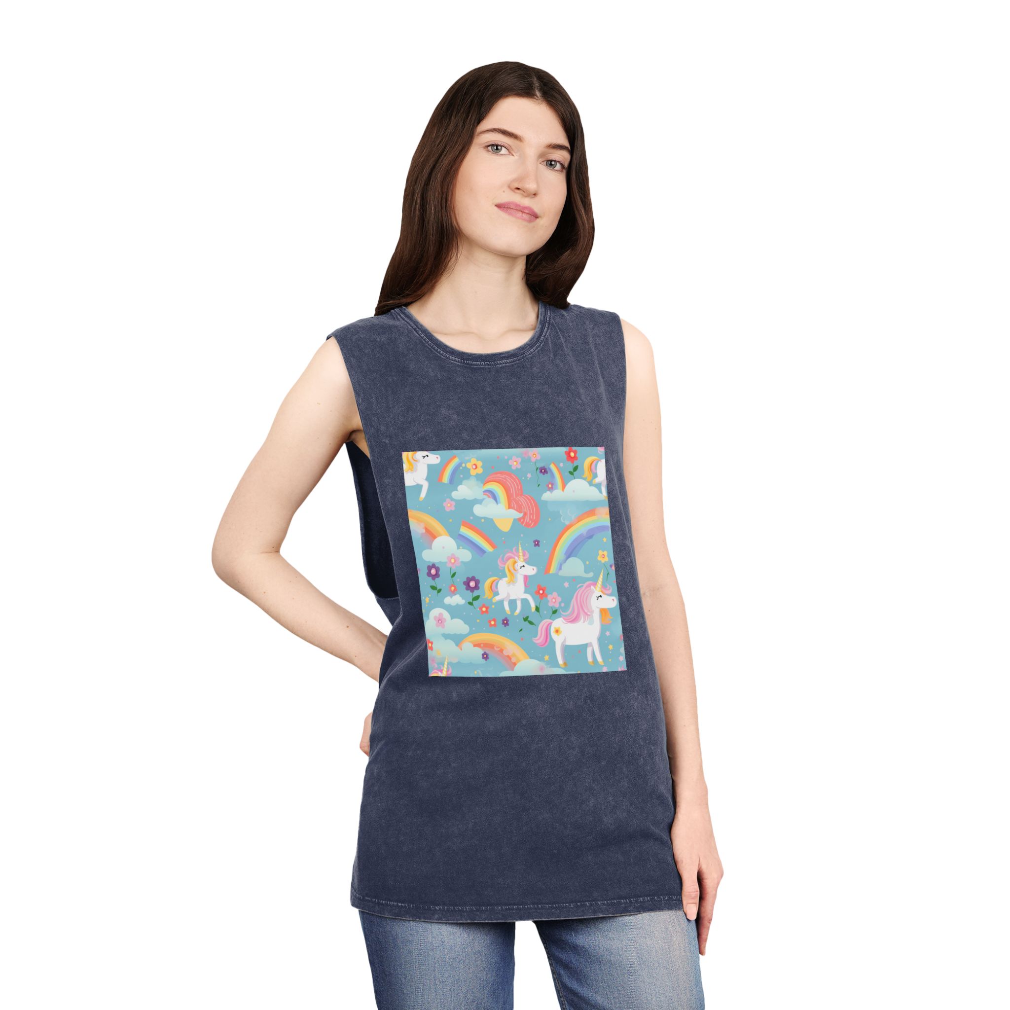 Playful Unicorns Among Flowers Clouds Rainbows Ice Creams Pastel Background (9) Unisex Stonewash Tank Top - Image 16