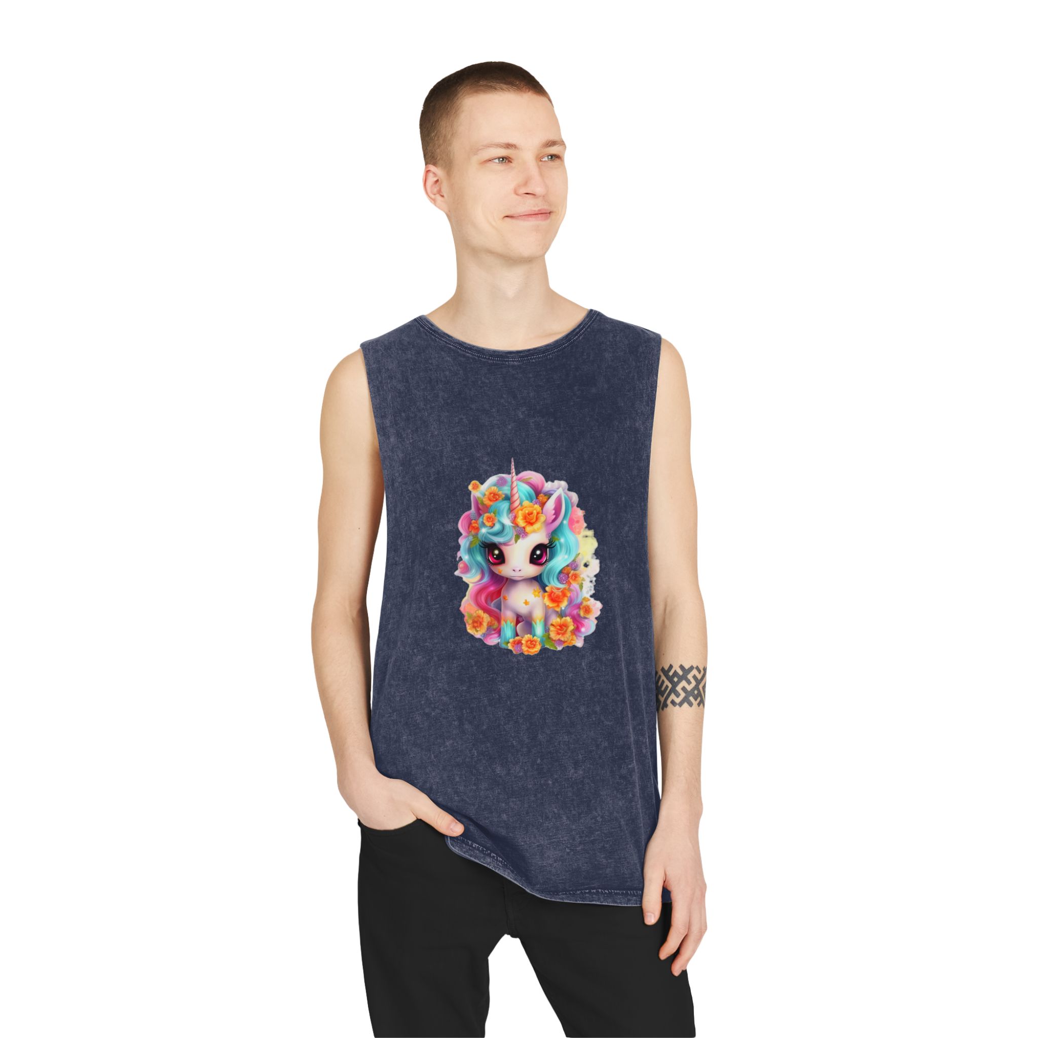 Illustration Unicorn Cartoon With Flower White Background Generative Ai (2) Unisex Stonewash Tank Top - Image 15