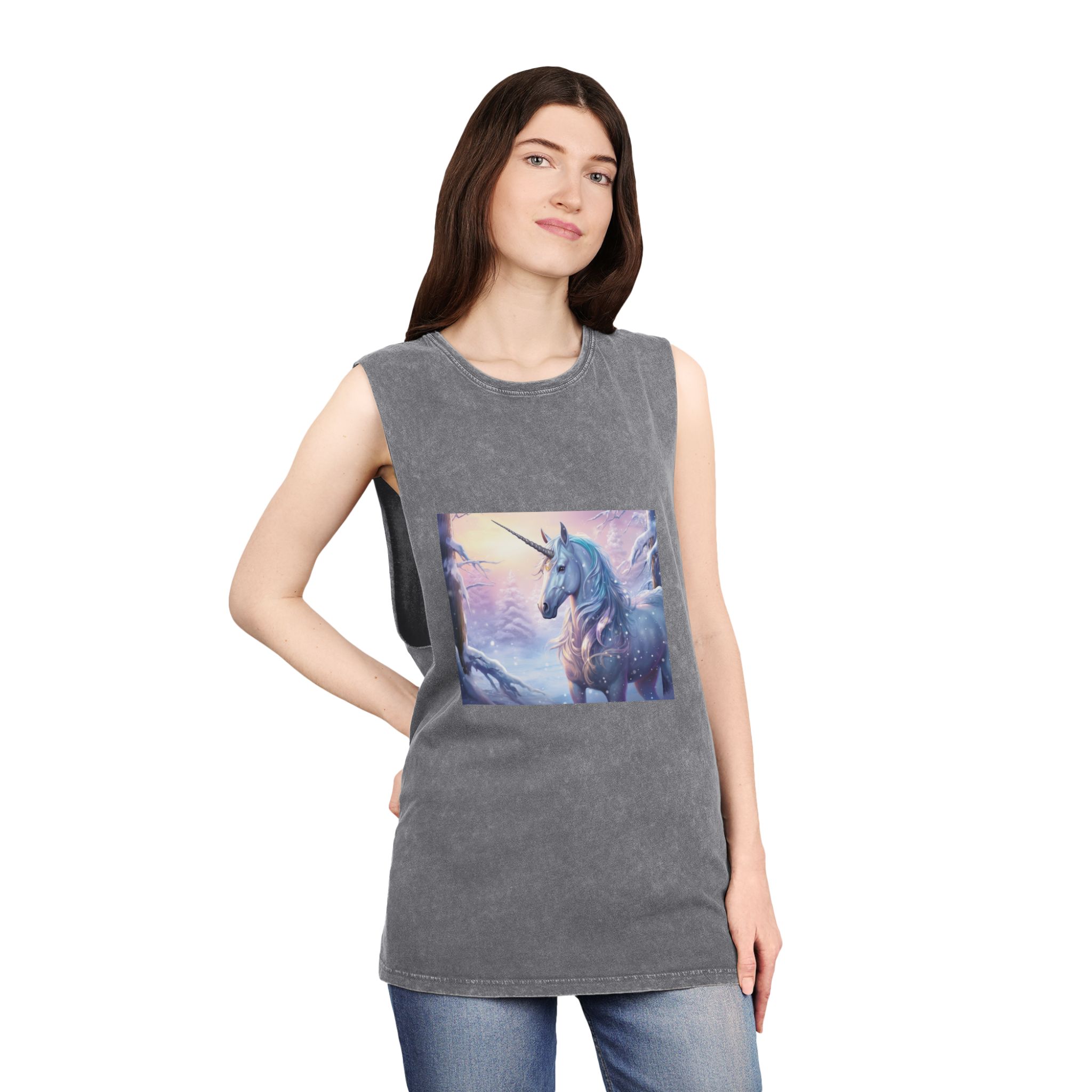 Unicorn Snow With Pink Sky Background Generative Ai Unisex Stonewash Tank Top - Image 12