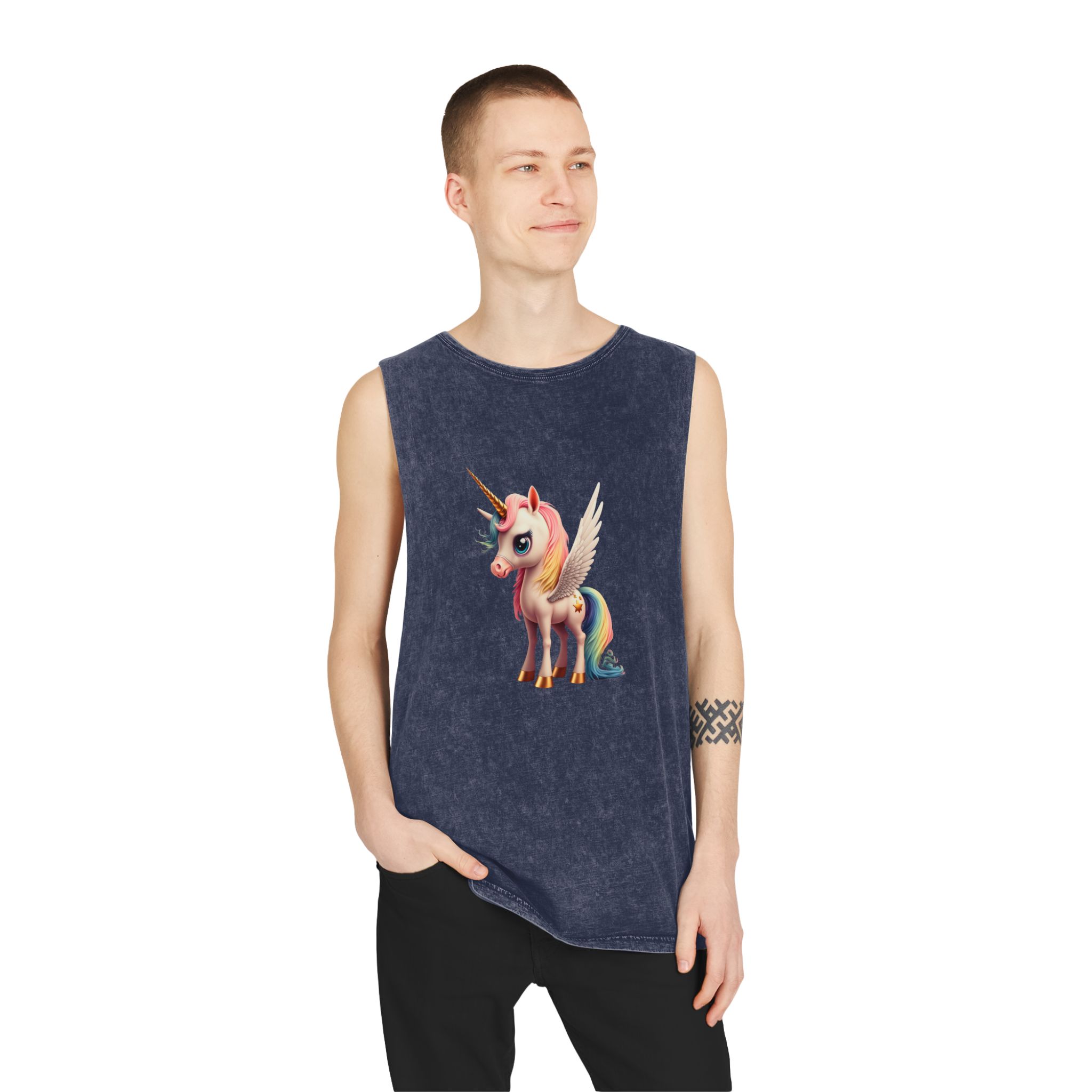 Cartoon Unicorn With Wings Pink Background Generative Ai Unisex Stonewash Tank Top - Image 15