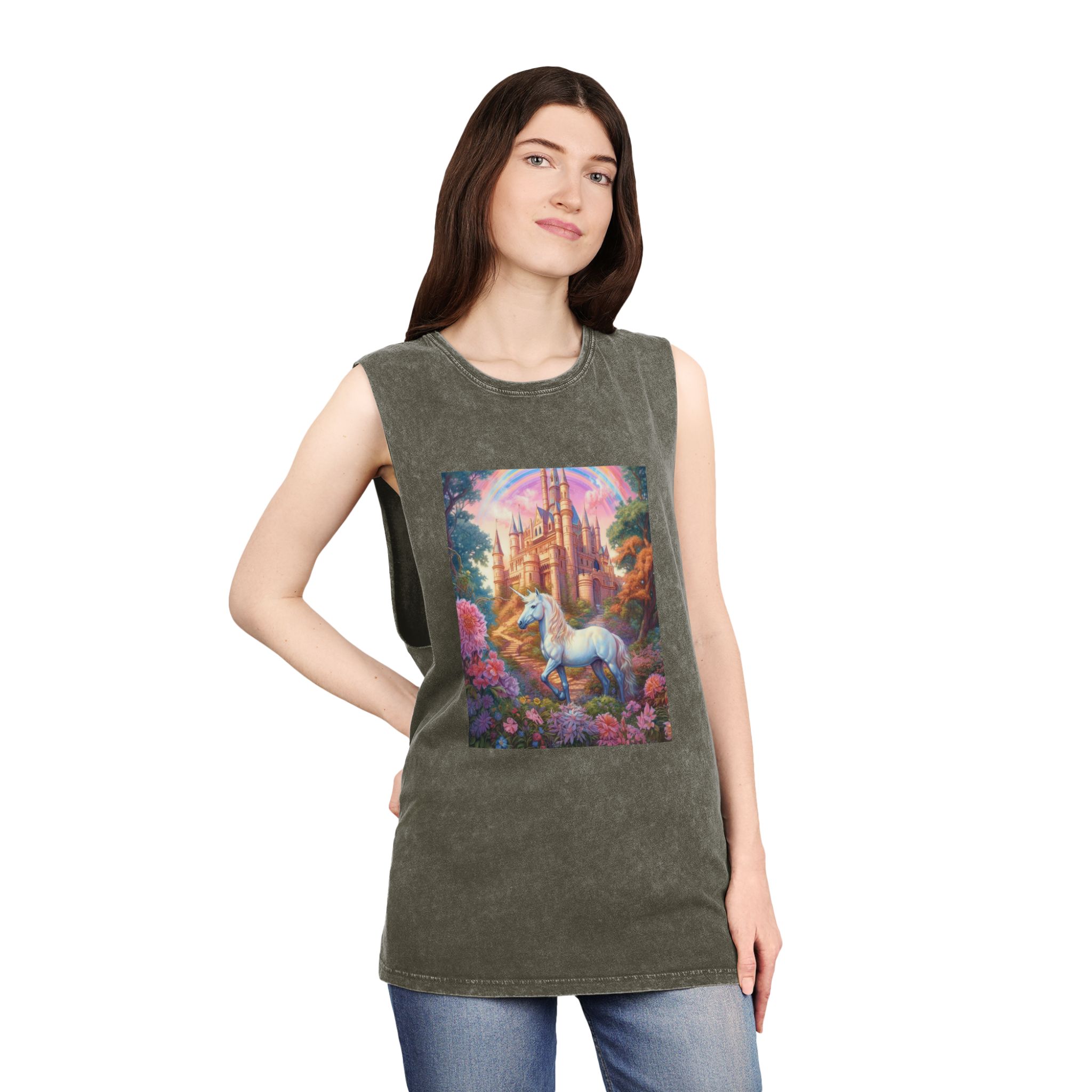 Painting Unicorn Front Castle With Rainbow Generative Ai Unisex Stonewash Tank Top - Image 8