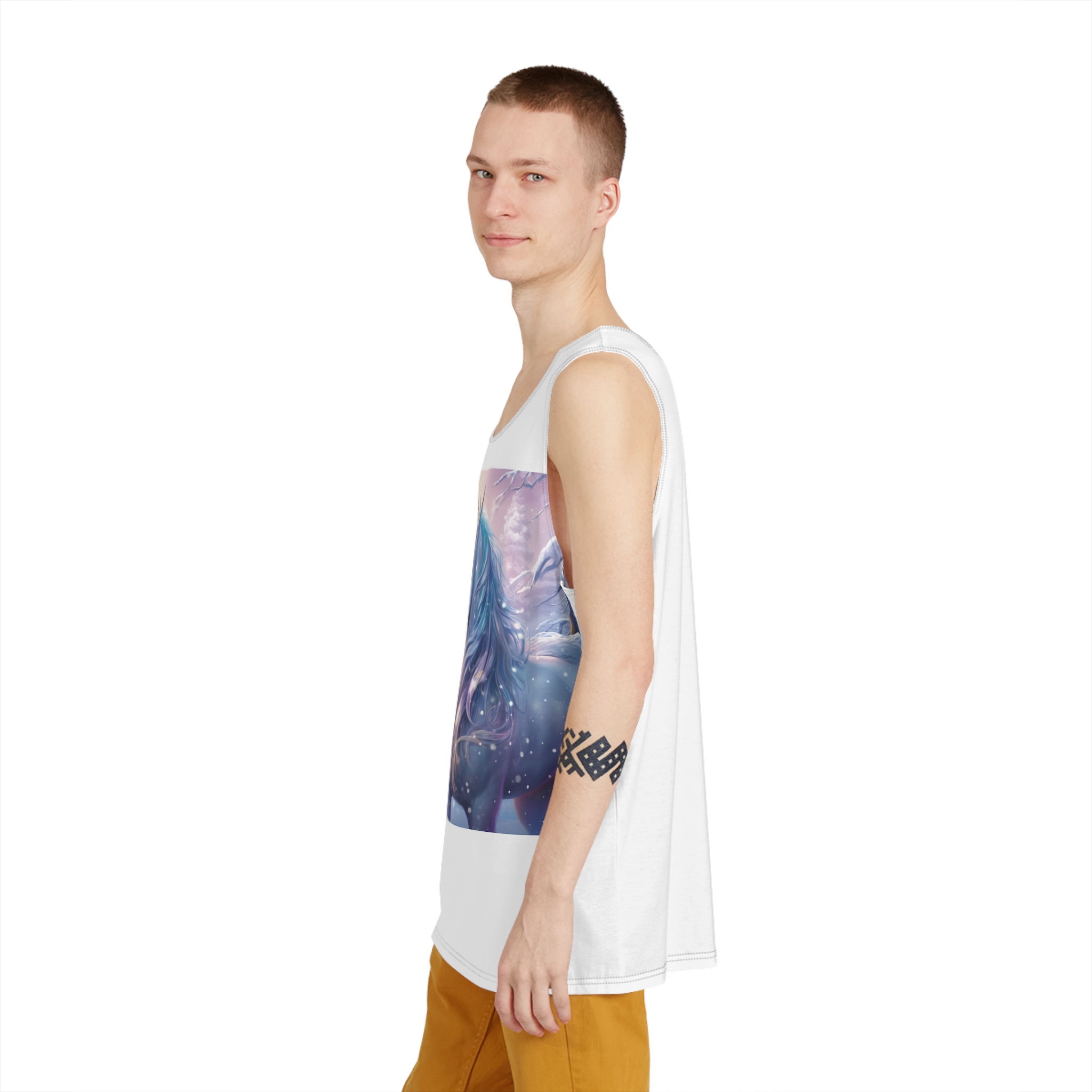 Unicorn Snow With Pink Sky Background Generative Ai Mens Tank Aop