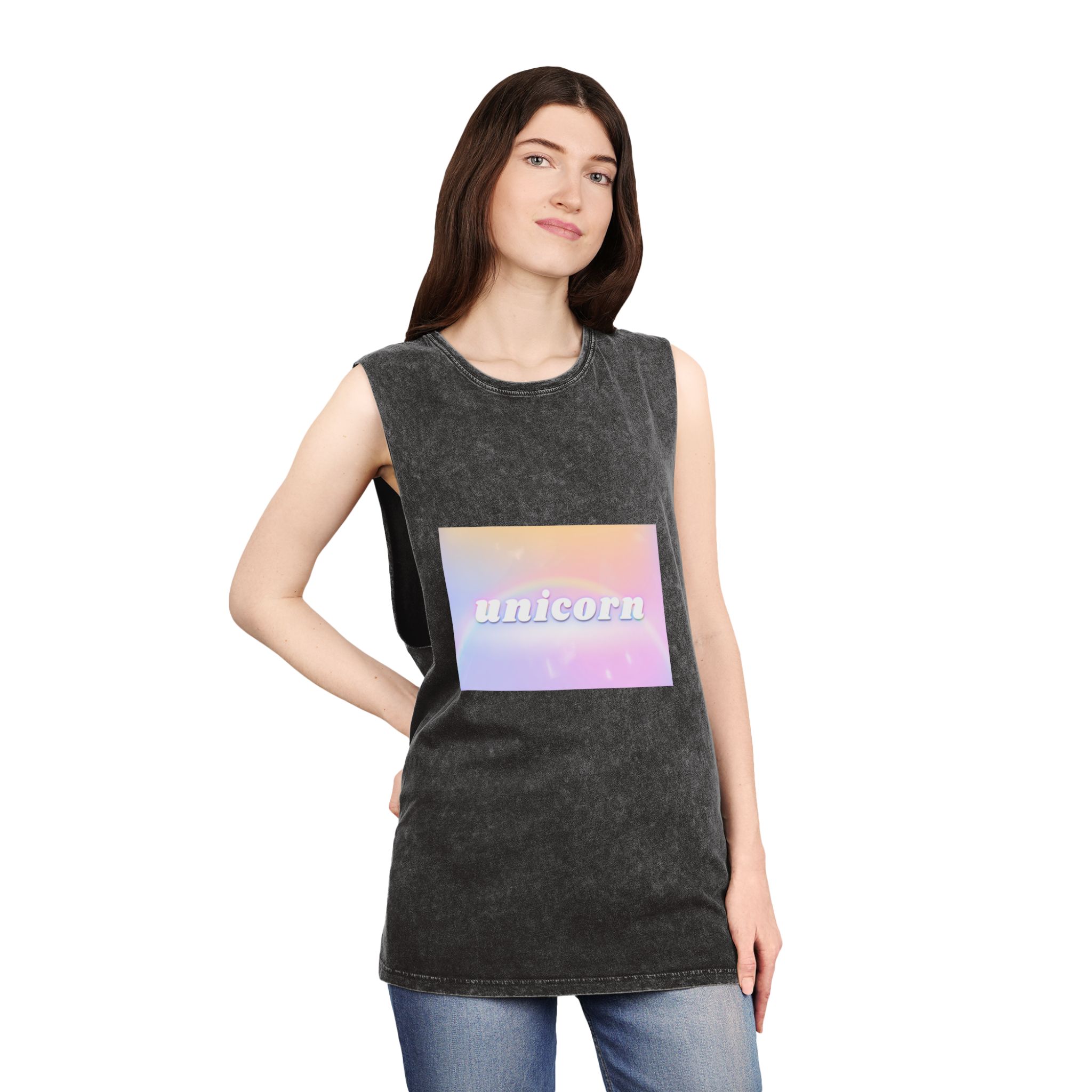 Unicorn Aesthetic Typography Colorful Glowing Rainbow Font Unisex Stonewash Tank Top - Image 4