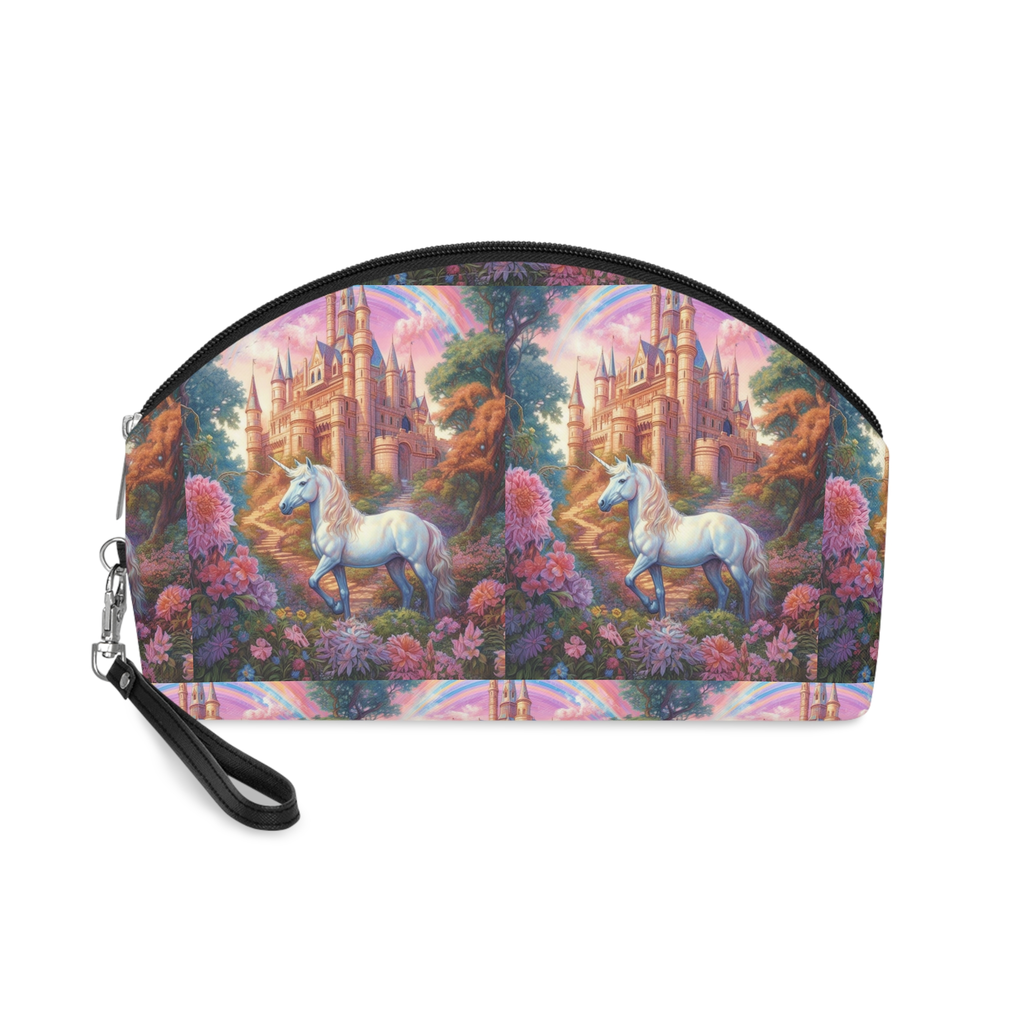 Painting Unicorn Front Castle With Rainbow Generative Ai Makeup Bag