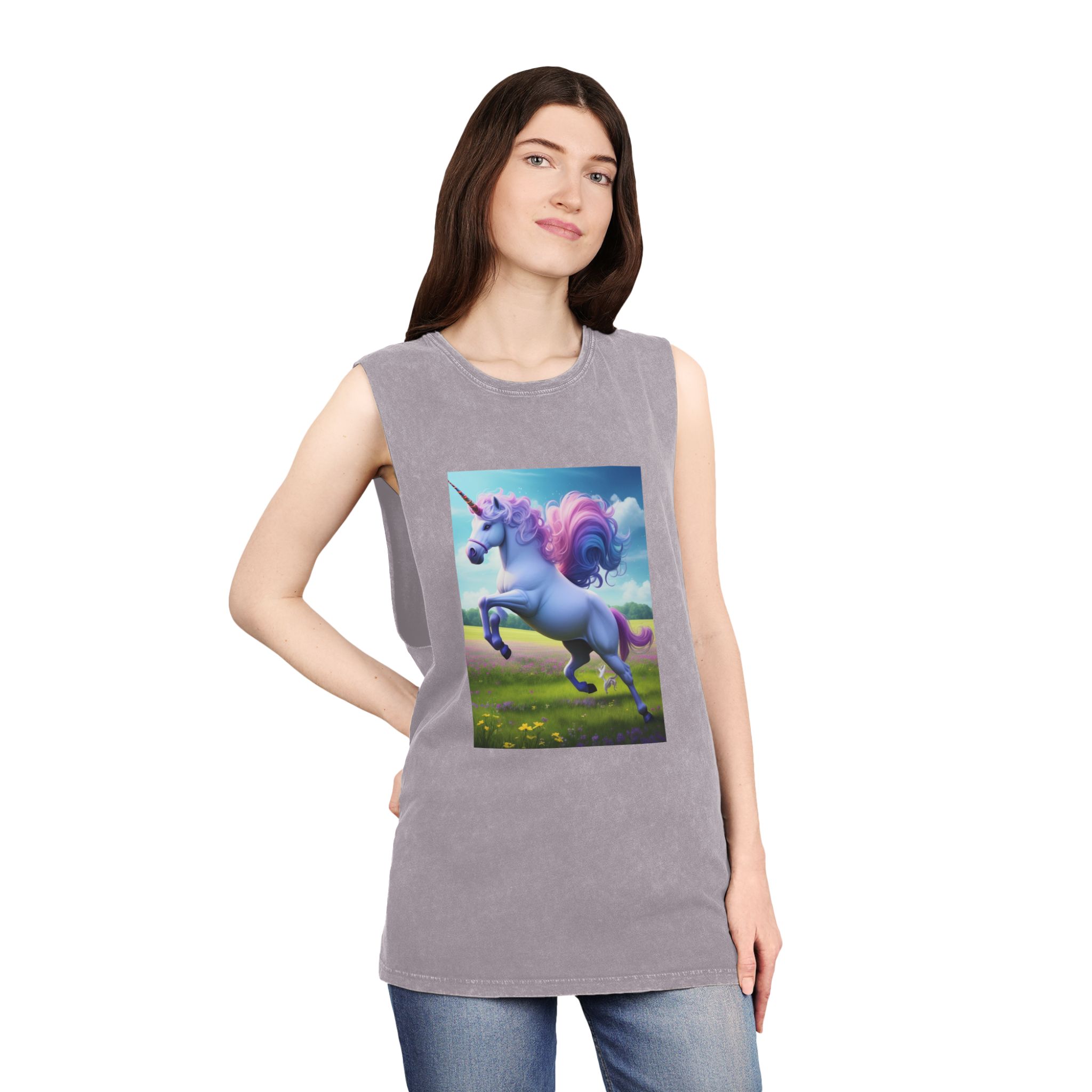 Beautiful Unicorn Running Magical Meadow Unicorn Background Images Whimsical Unicorn (37) Unisex Stonewash Tank Top - Image 20