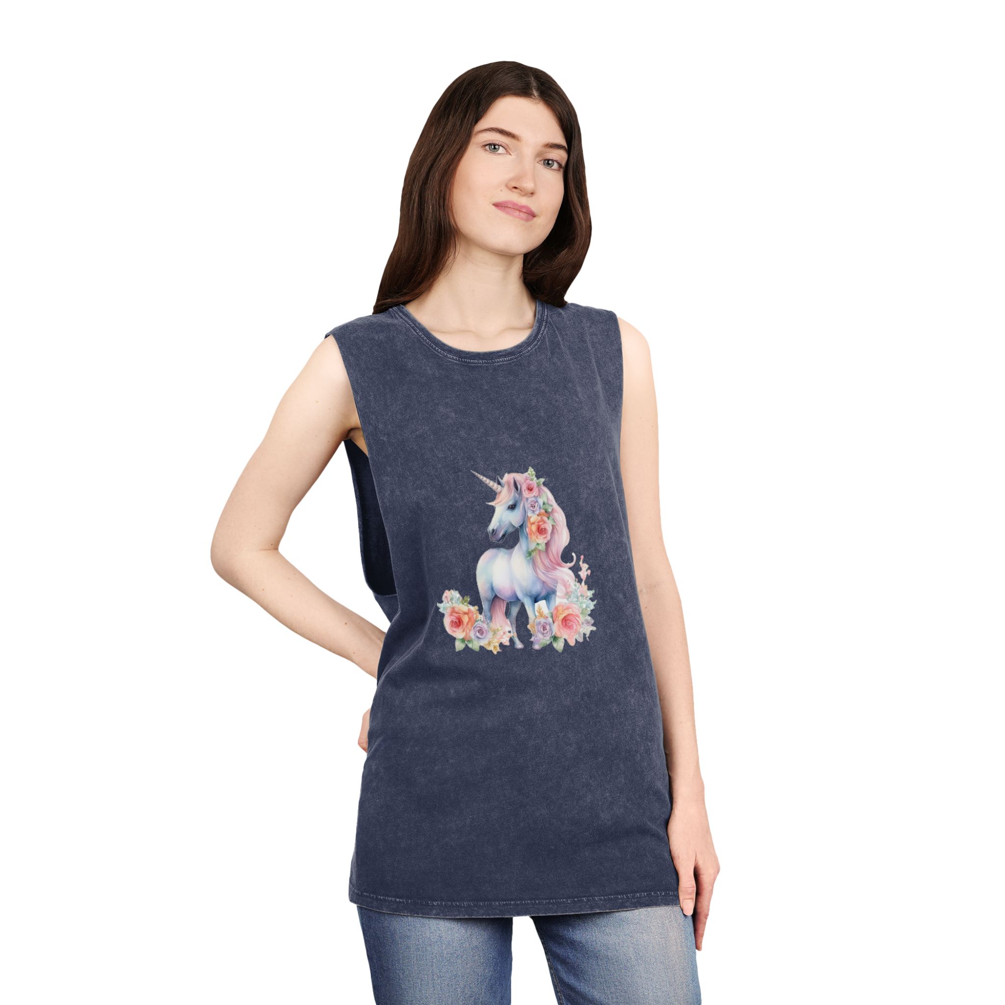 There Is Unicorn With Long Mane Flowers It Generative Ai Unisex Stonewash Tank Top - Image 16