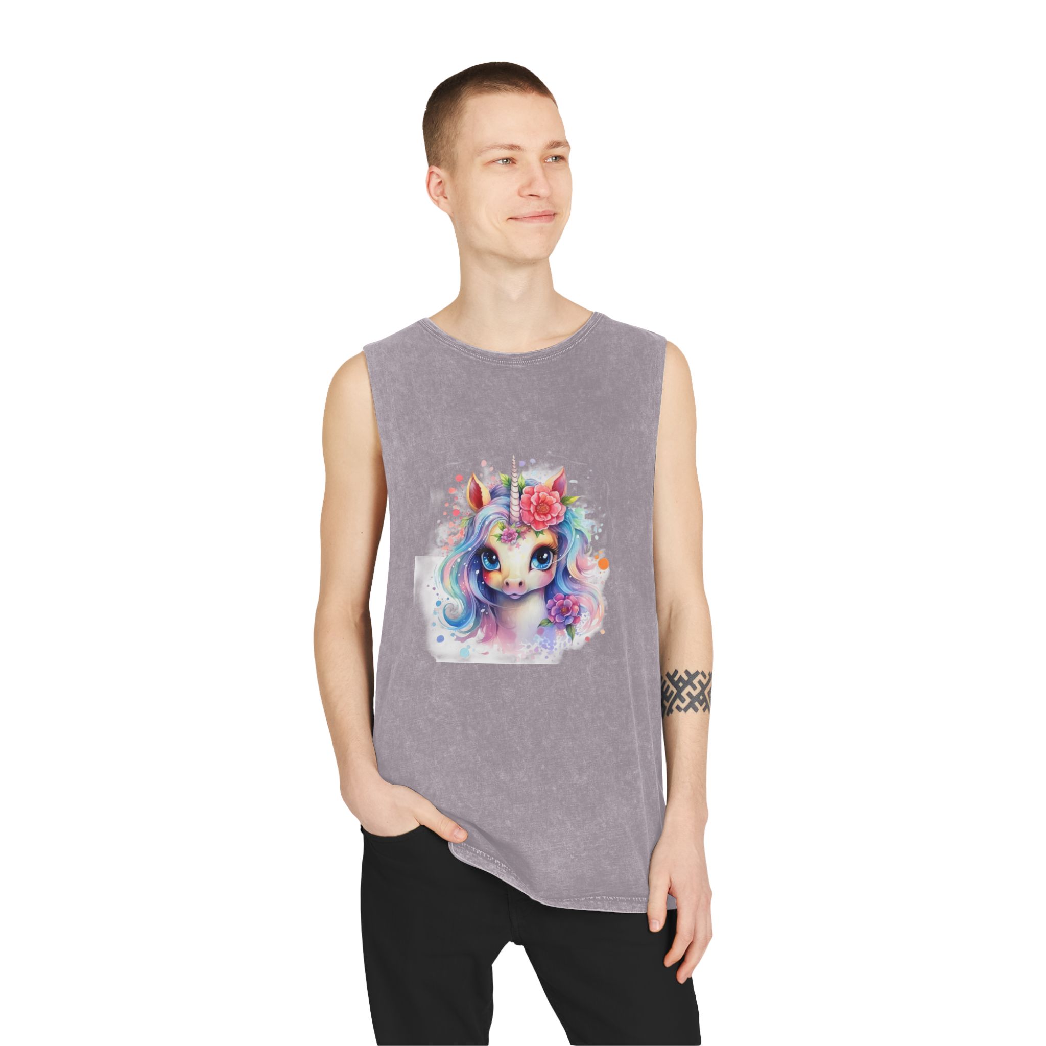 Cute Colorful Magic Unicorn With Flowers Watercolor Style (8) Copia Unisex Stonewash Tank Top - Image 19