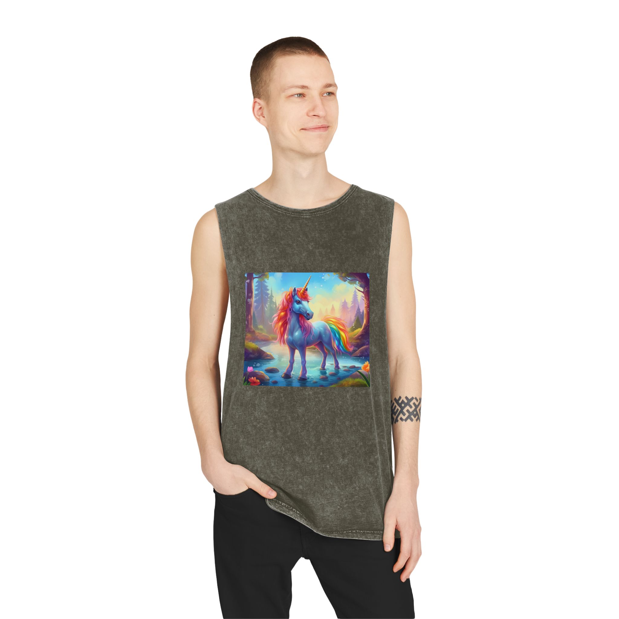 Unicorn Standing Stream Water Forest Generative Ai Unisex Stonewash Tank Top - Image 7