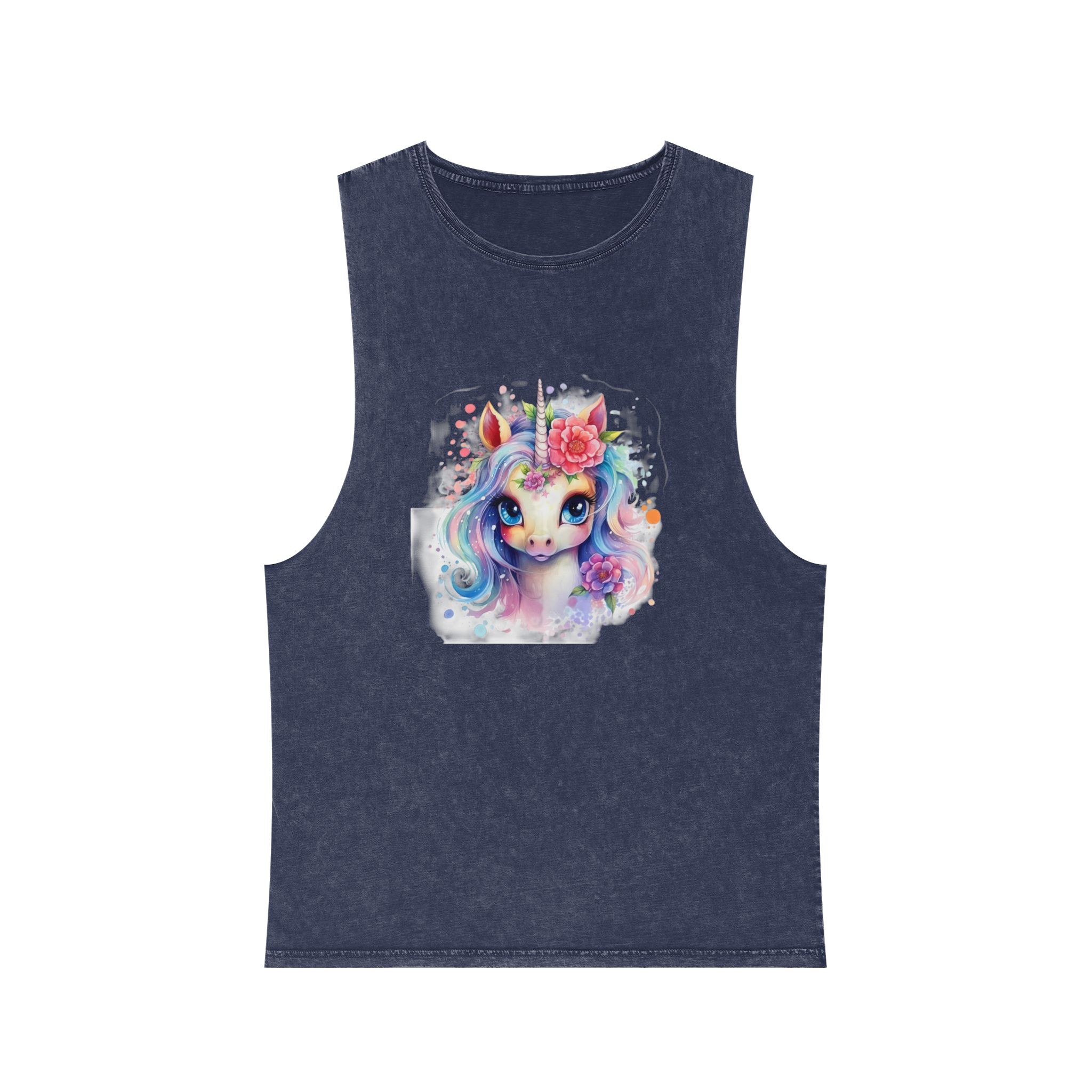 Cute Colorful Magic Unicorn With Flowers Watercolor Style (8) Copia Unisex Stonewash Tank Top - Image 13