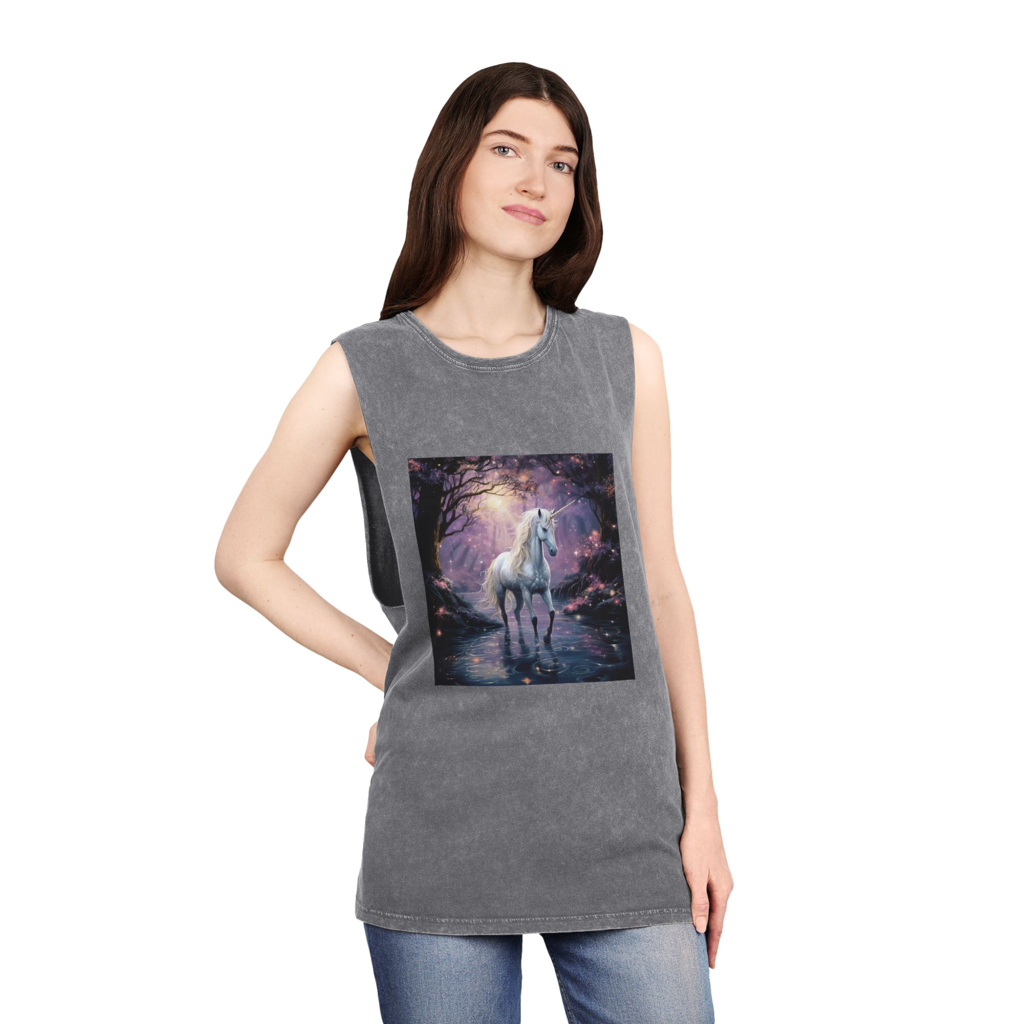 Unicorn Forest With Stream Water Trees Generative Ai Unisex Stonewash Tank Top - Image 12