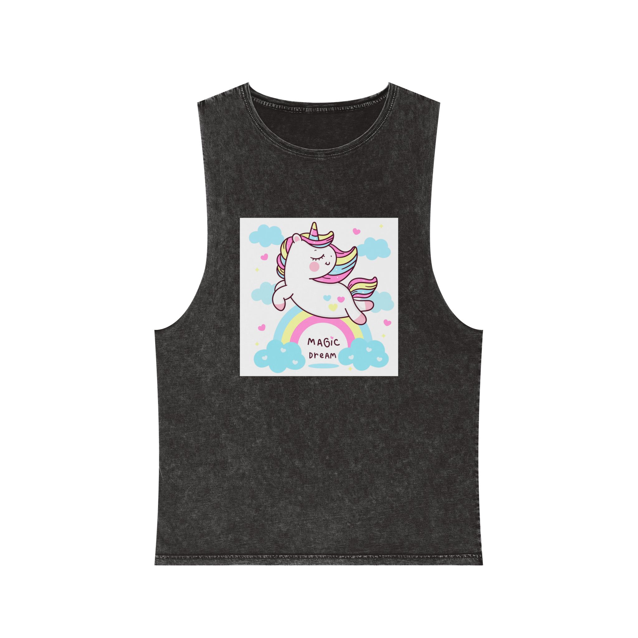 Cute Unicorn Pegasus Vector Fly On Sky With Rainbow Sweet Heart and Cloud Pony Cartoon Pastel Background Valentines Day (còpia) Unisex Stonewash Tank Top