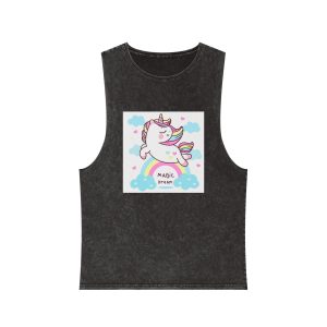 Cute Unicorn Pegasus Vector Fly On Sky With Rainbow Sweet Heart and Cloud Pony Cartoon Pastel Background Valentines Day Unisex Stonewash Tank Top