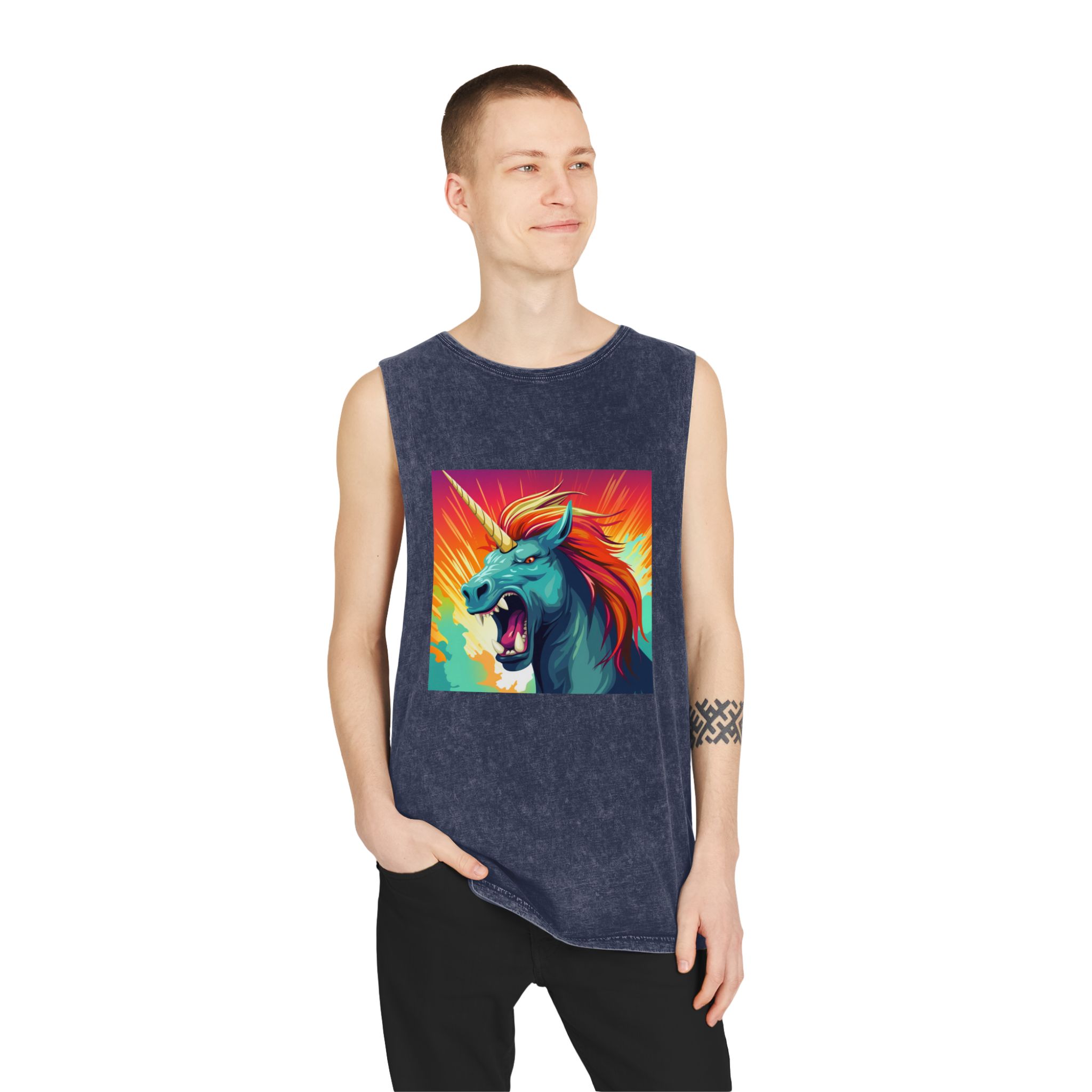 Illustration Unicorn With Colorful Mane Yellow Horn Generative Ai Unisex Stonewash Tank Top - Image 15