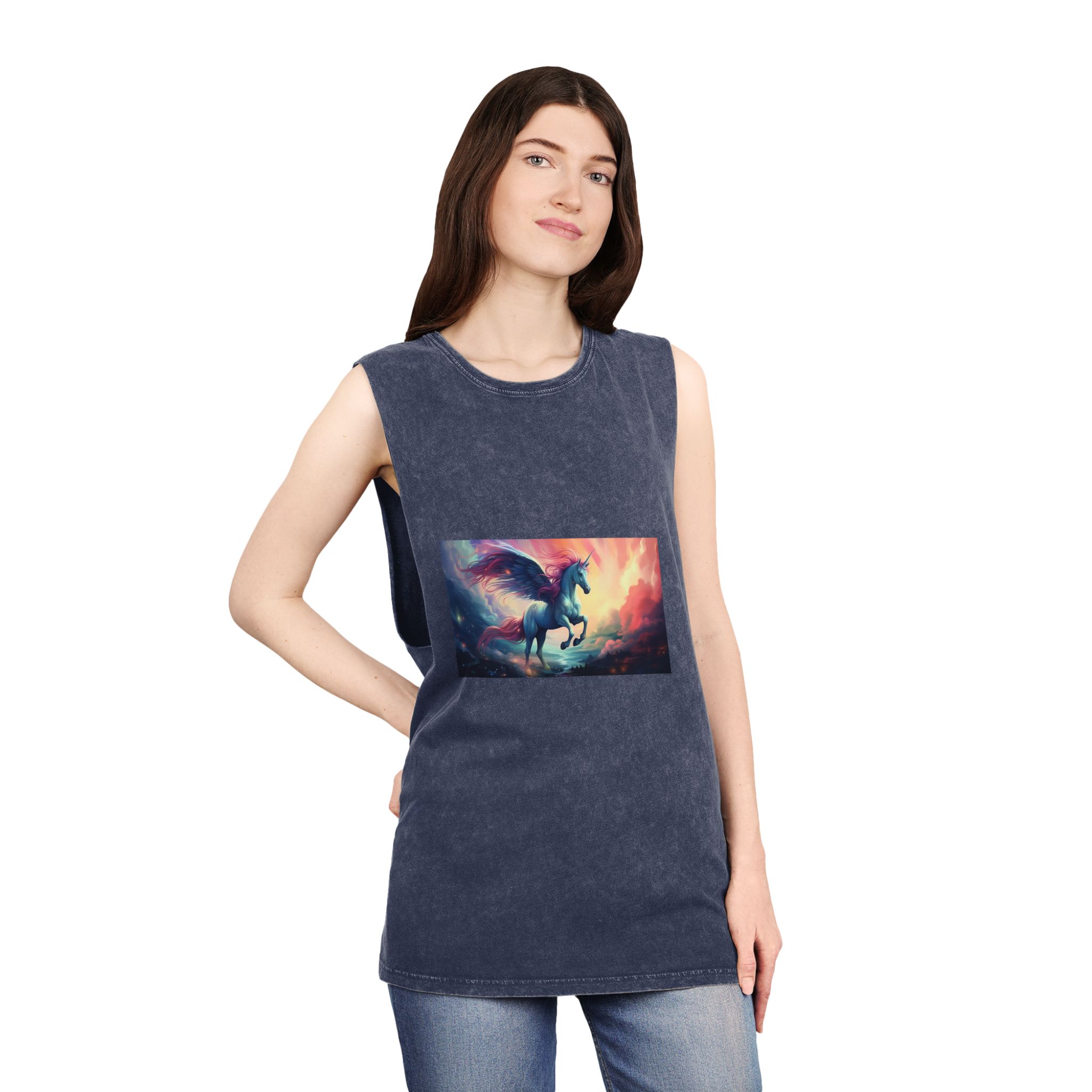 Painting Unicorn With Wings Flying Lake Generative Ai Unisex Stonewash Tank Top - Image 16