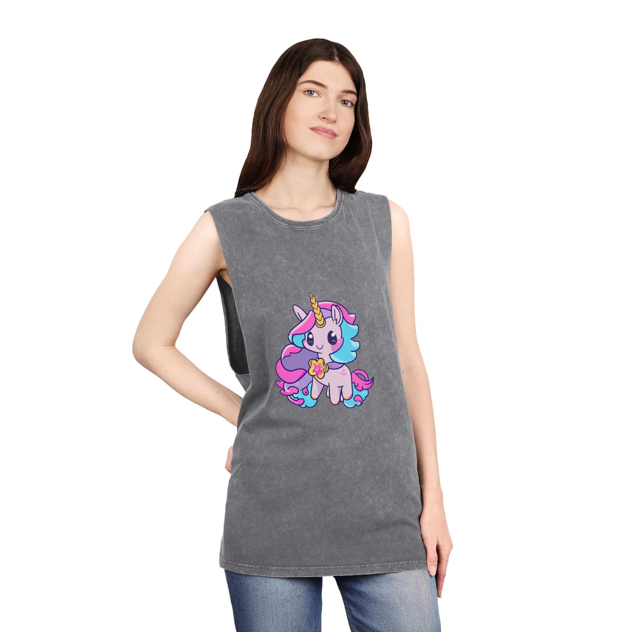 There Is Cartoon Unicorn With Heart Its Chest Generative Ai Unisex Stonewash Tank Top - Image 12