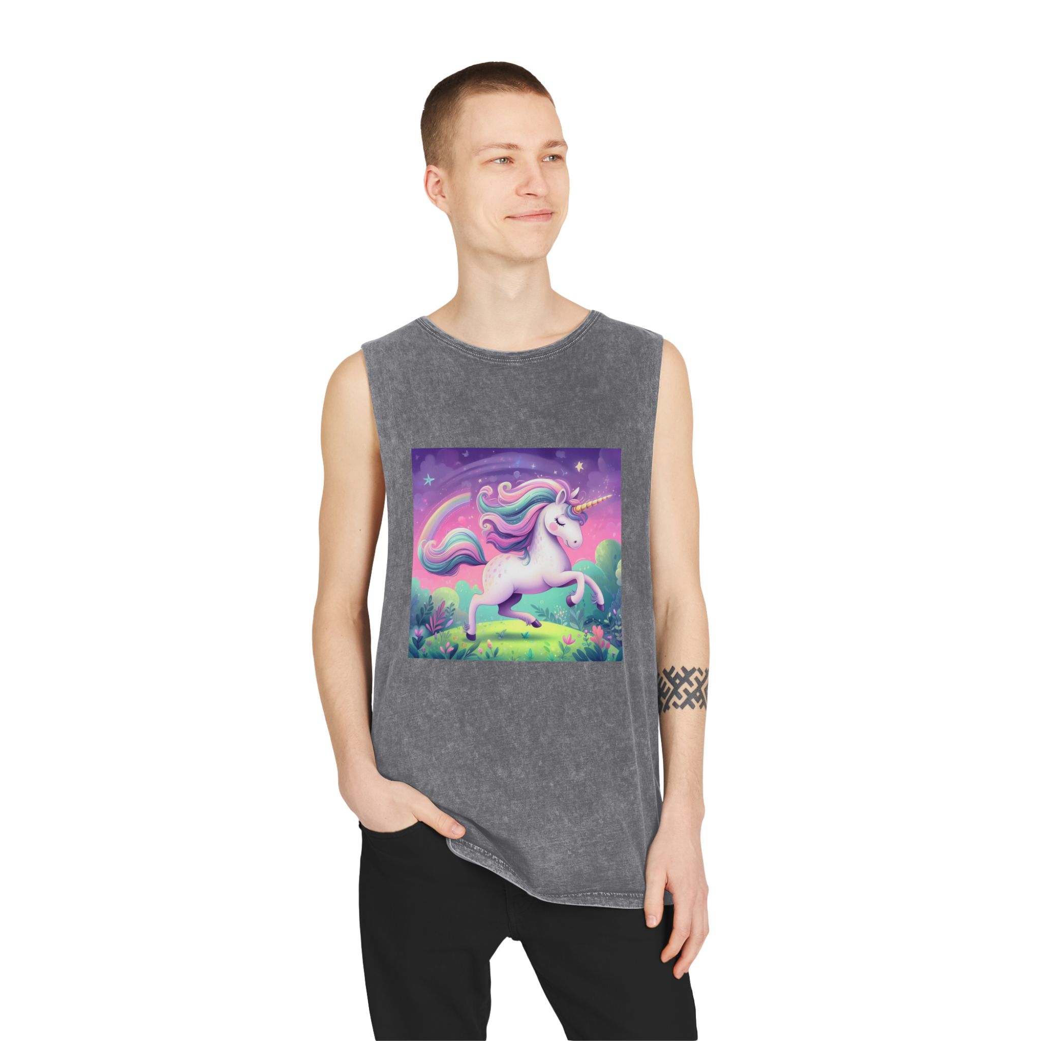 Beautiful Unicorn Running Magical Meadow Unicorn Background Images Whimsical Unicorn (12) Unisex Stonewash Tank Top - Image 11